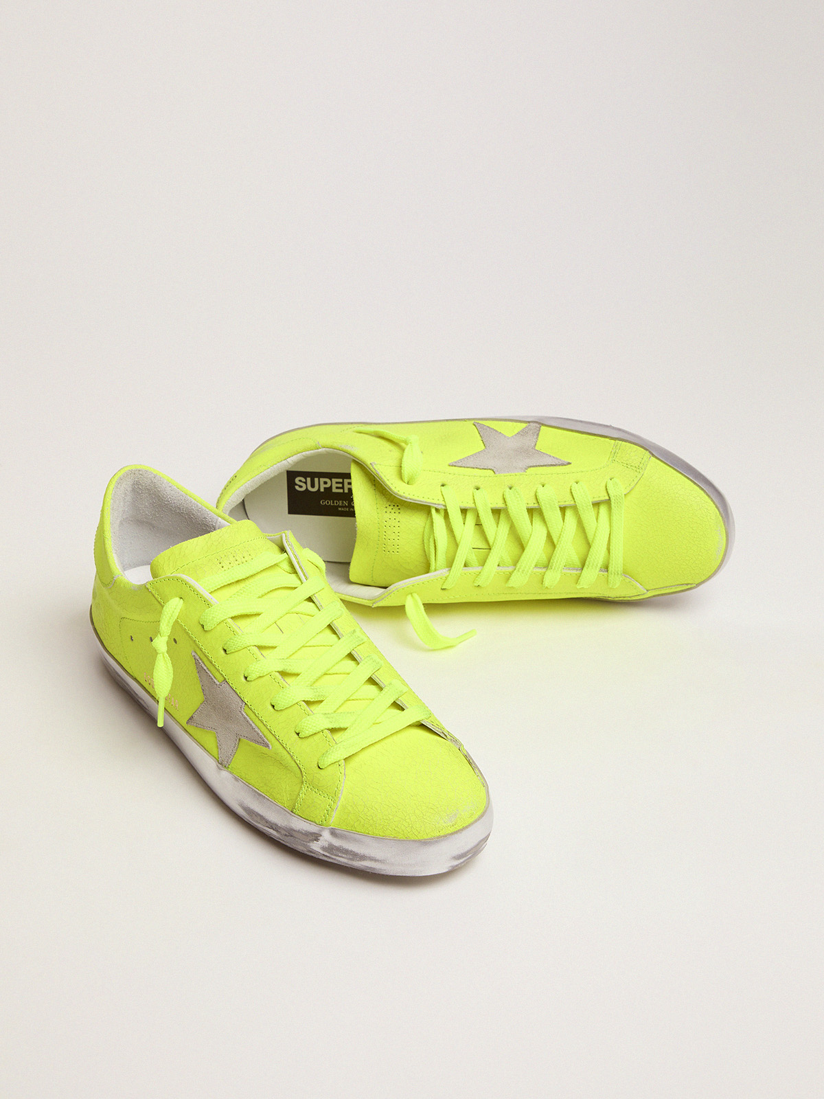 Super-Star sneakers in fluorescent yellow crackle-effect leather | Golden  Goose