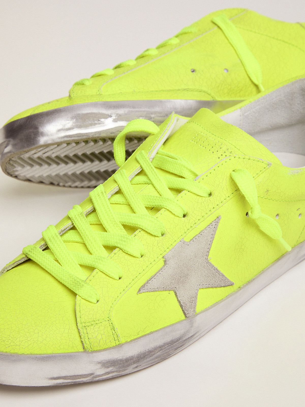 Super-Star sneakers in fluorescent yellow crackle-effect leather | Golden  Goose