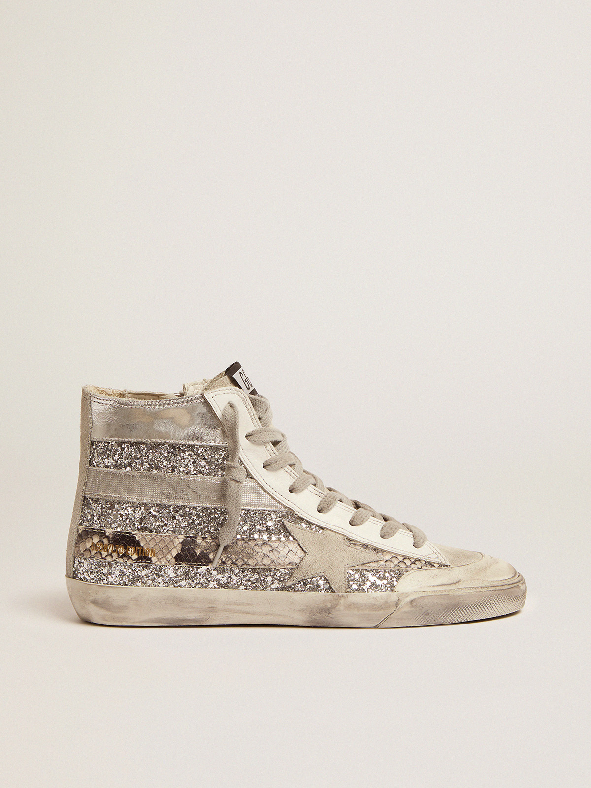 Francy LAB sneakers with glitter upper and silver and snake-print stripes |  Golden Goose