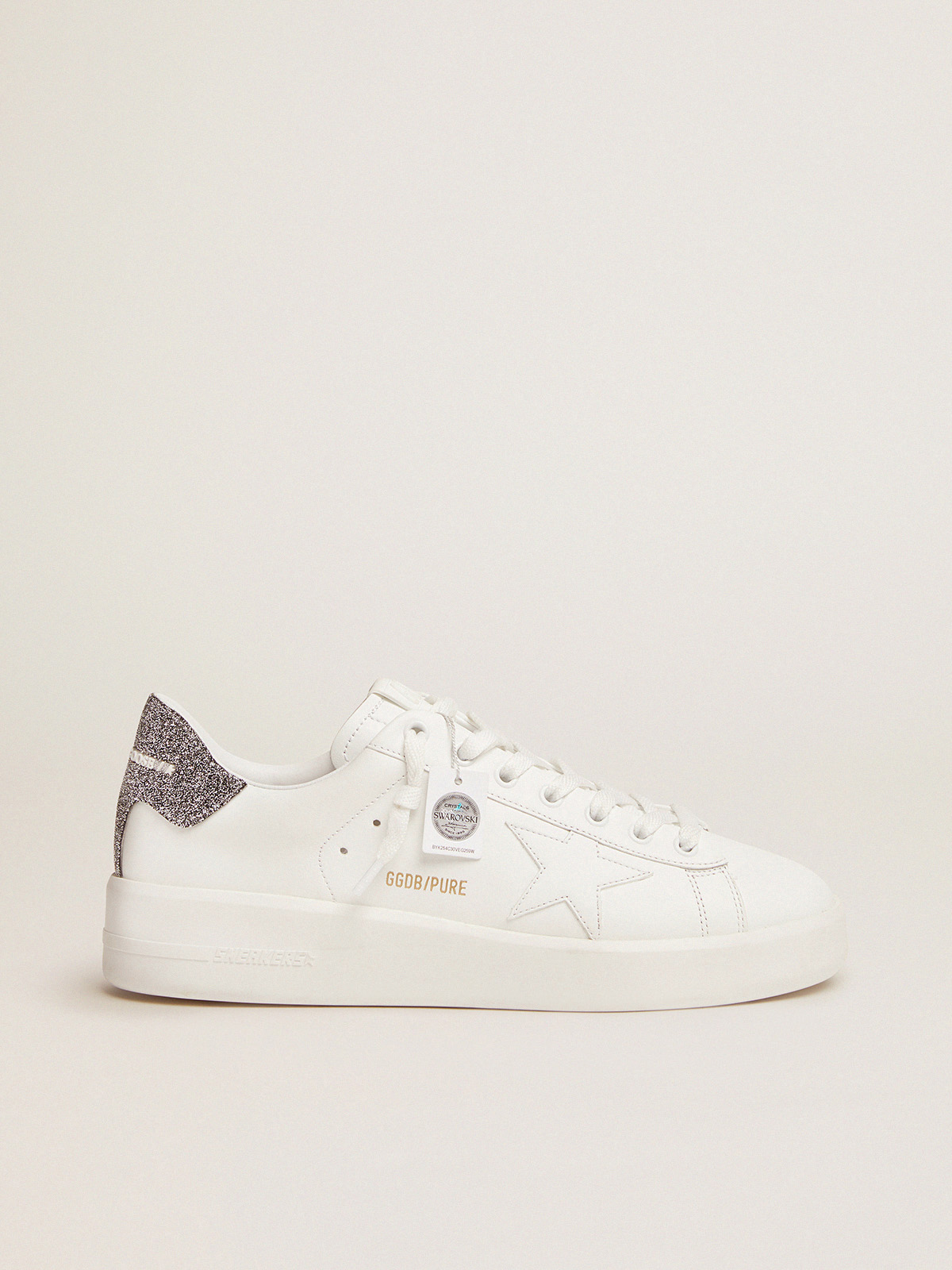 Purestar sneakers in white leather with silver Swarovski crystal heel tab |  Golden Goose