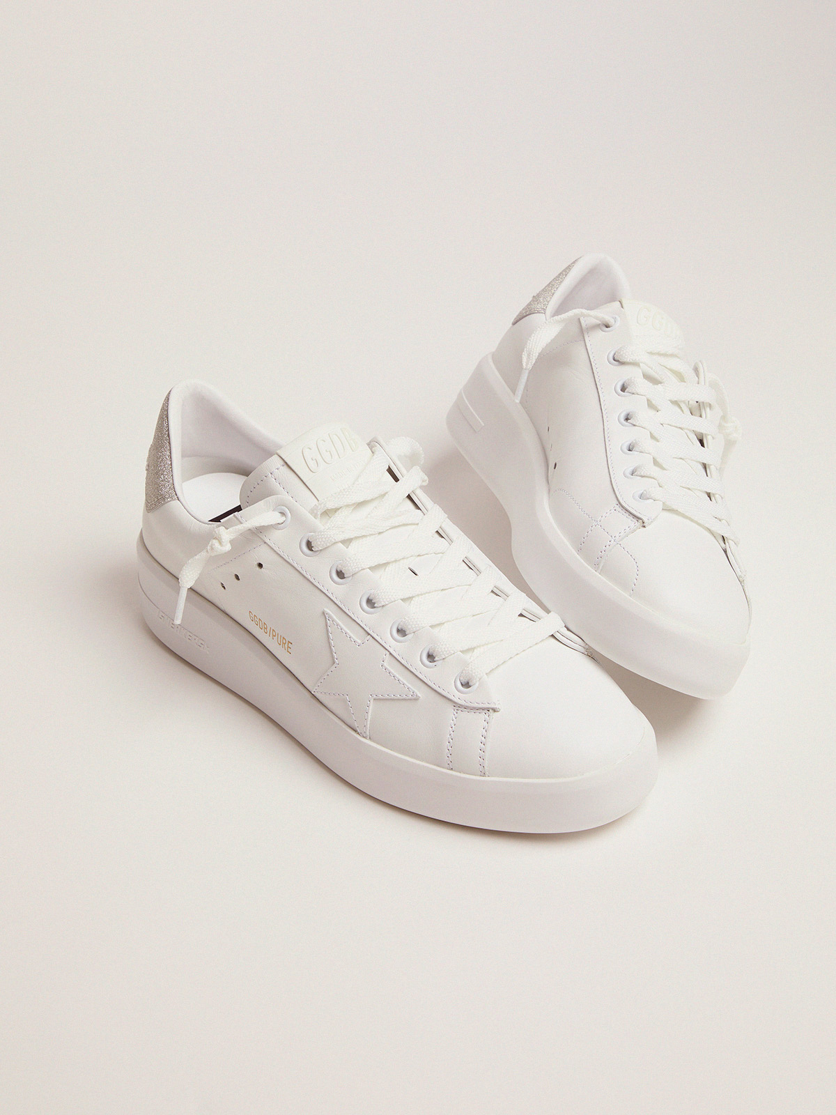 Purestar sneakers in white leather with champagne glitter heel tab