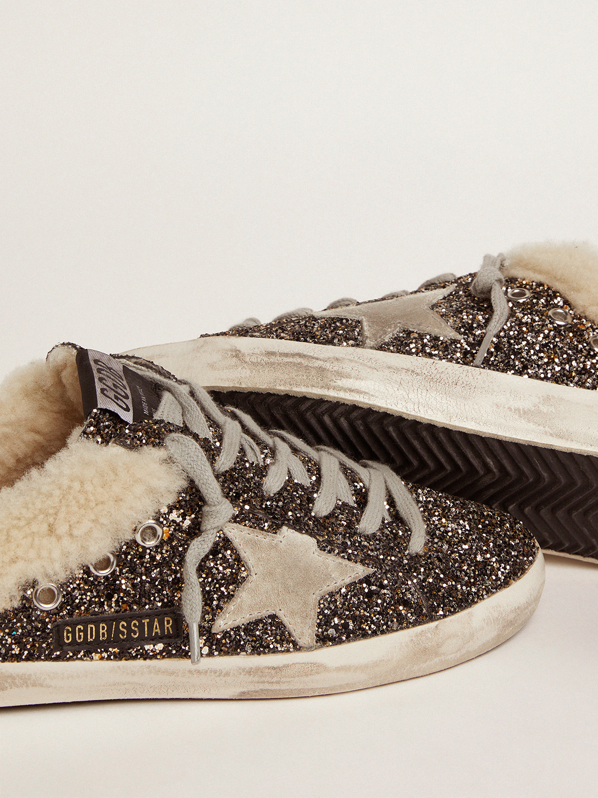 Women\'s Super-Star Sabot with glitter and shearling interior | Golden Goose