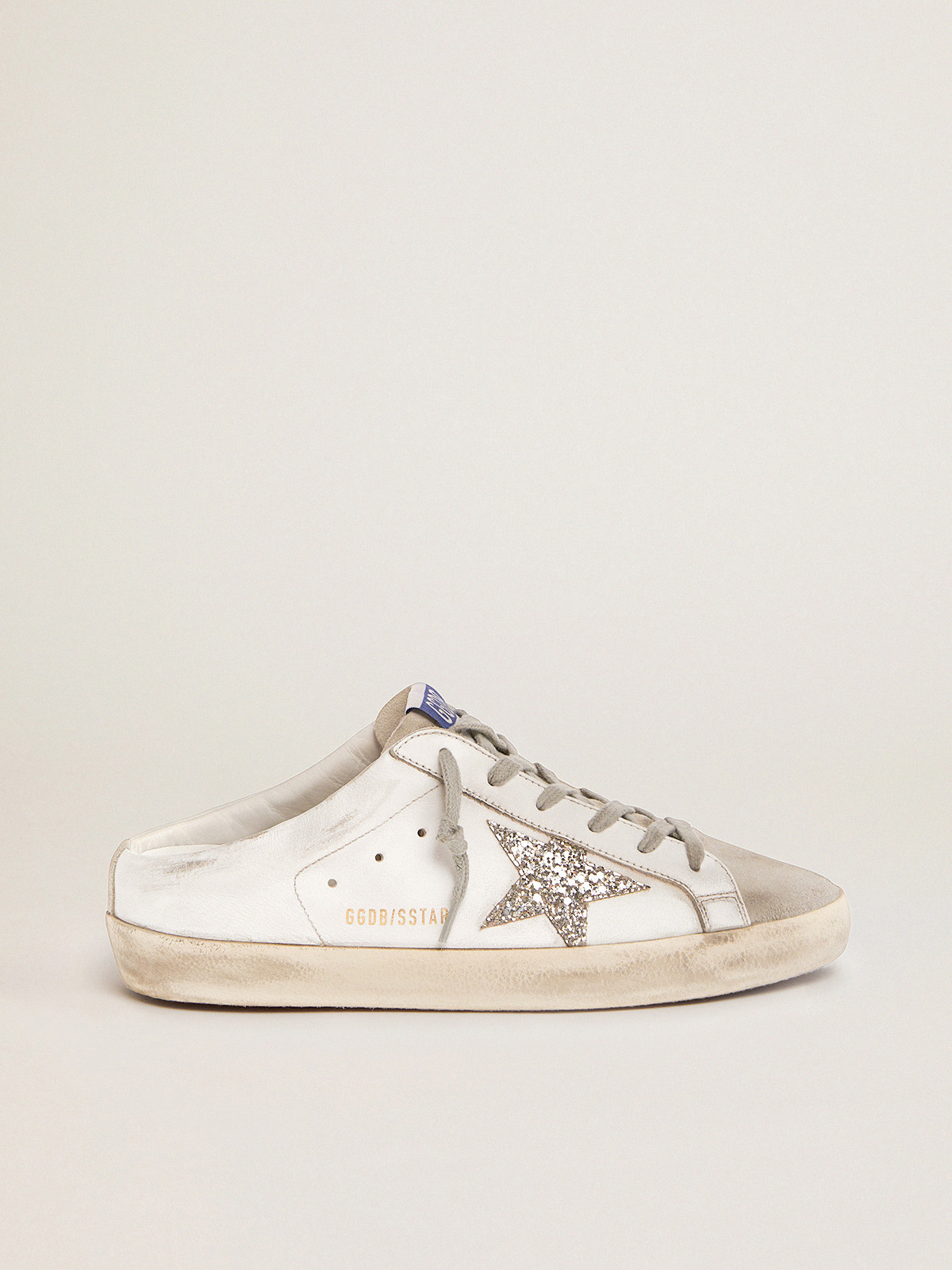 Super-Star Sabots in white leather and gray suede with silver glitter star  | Golden Goose