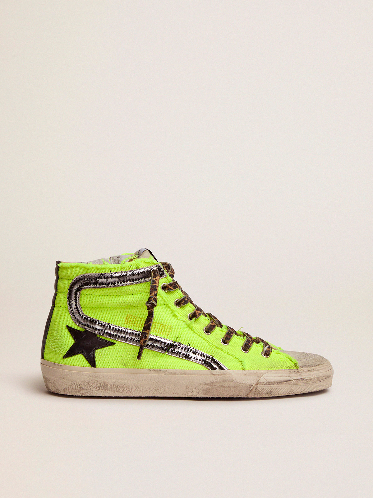 Slide sneakers in fluorescent yellow canvas with black star | Golden Goose