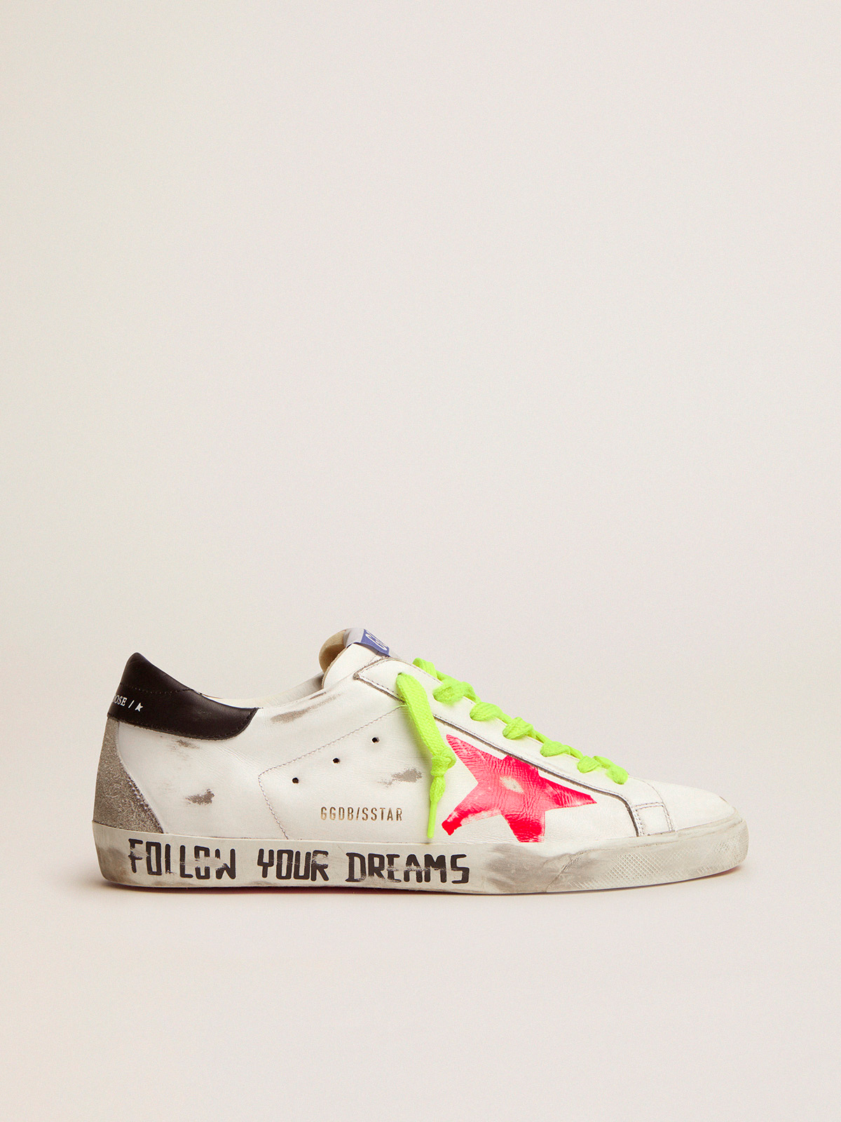 Super-Star sneakers with red screen printed star and handwritten lettering  | Golden Goose