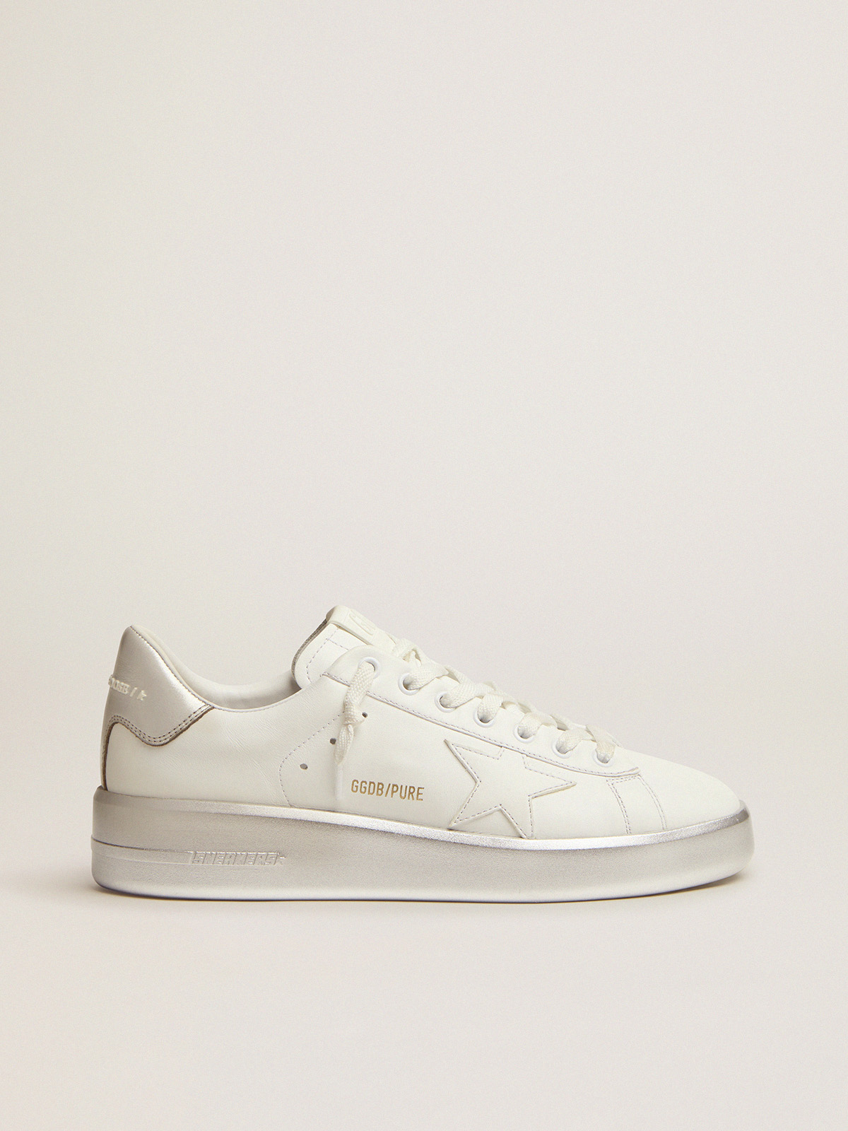 Purestar sneakers in leather with silver laminated heel tab and foxing |  Golden Goose