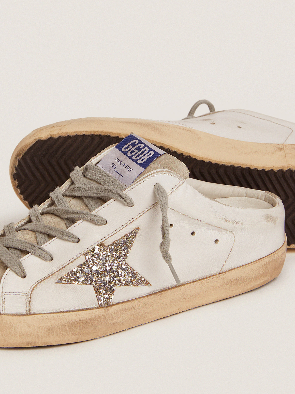 Super-Star Sabots in white leather and gray suede with silver glitter star  | Golden Goose