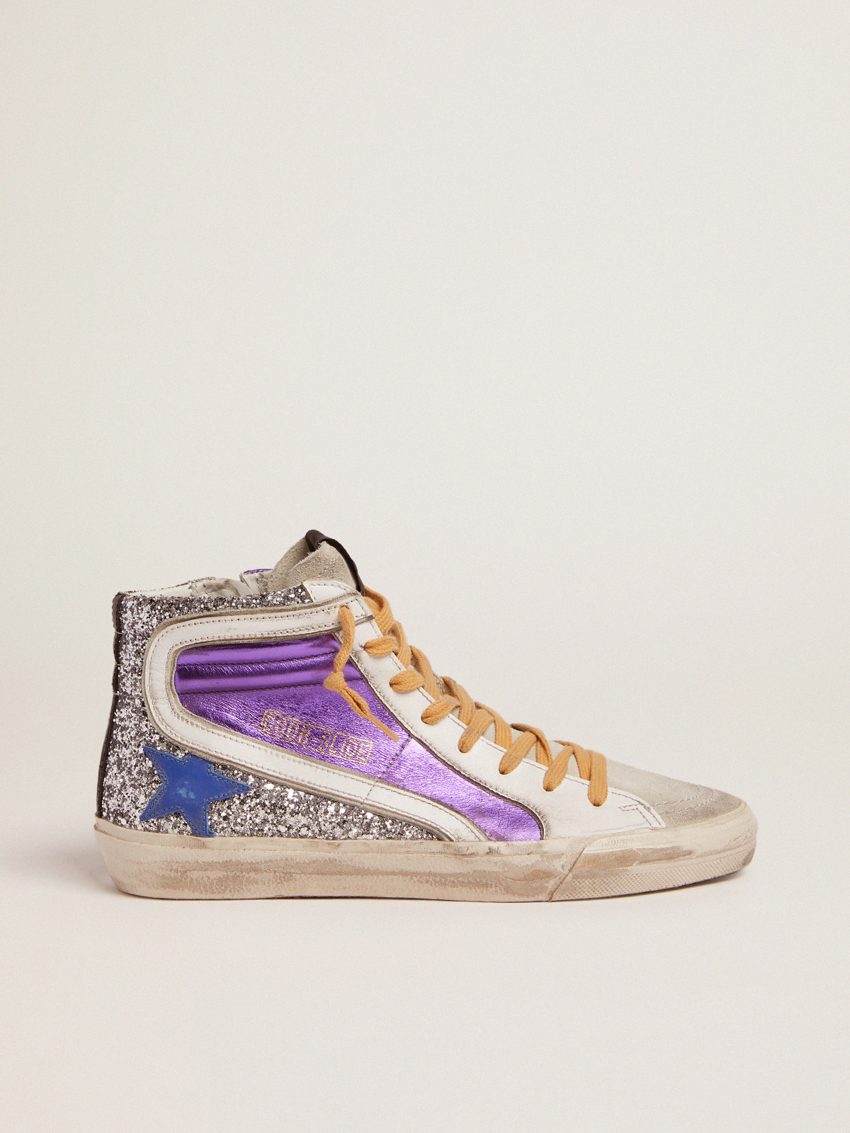 Slide sneakers with silver glitter and purple laminated leather