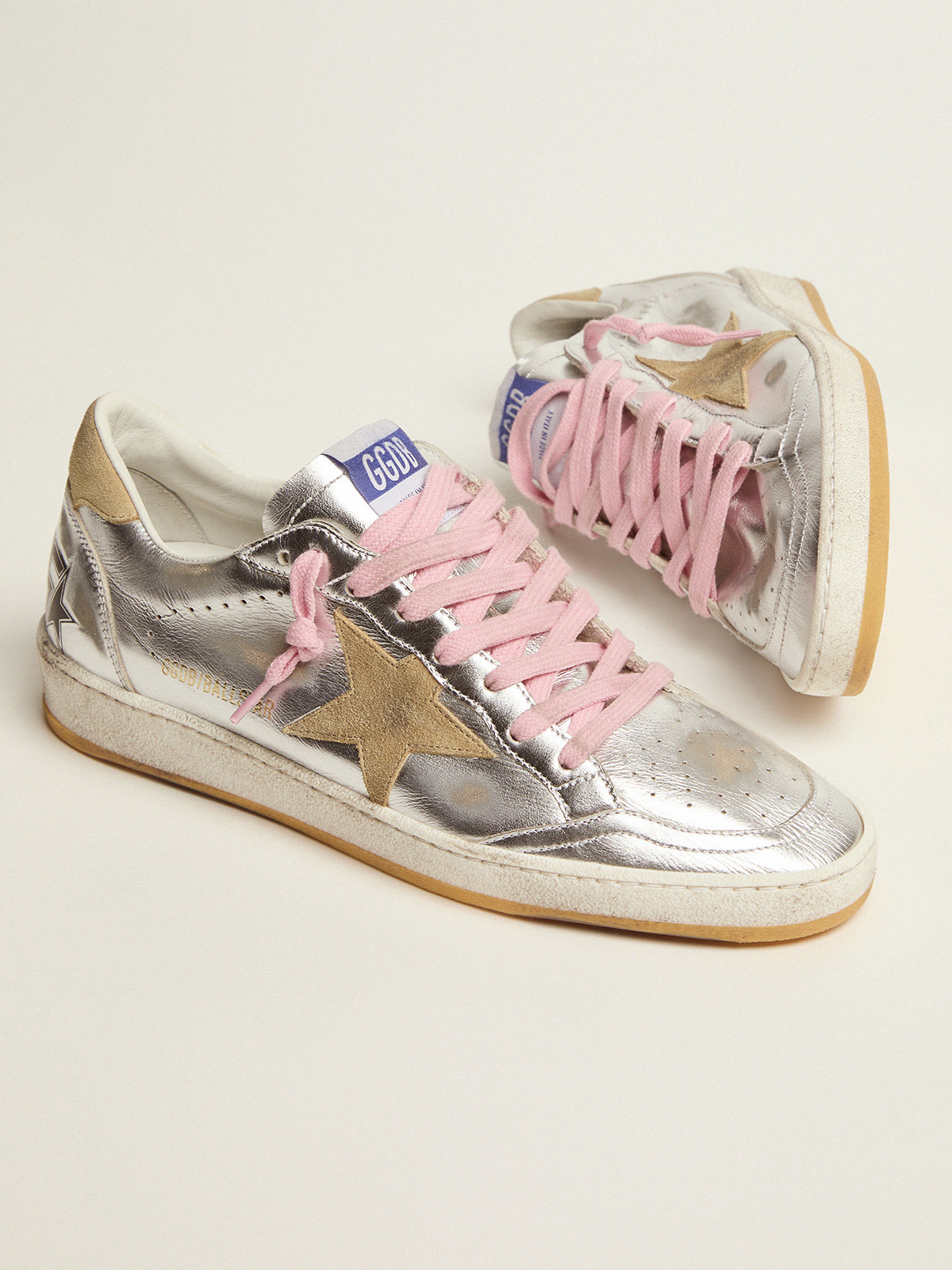 Ball Star LTD sneakers in silver laminated leather with suede details |  Golden Goose
