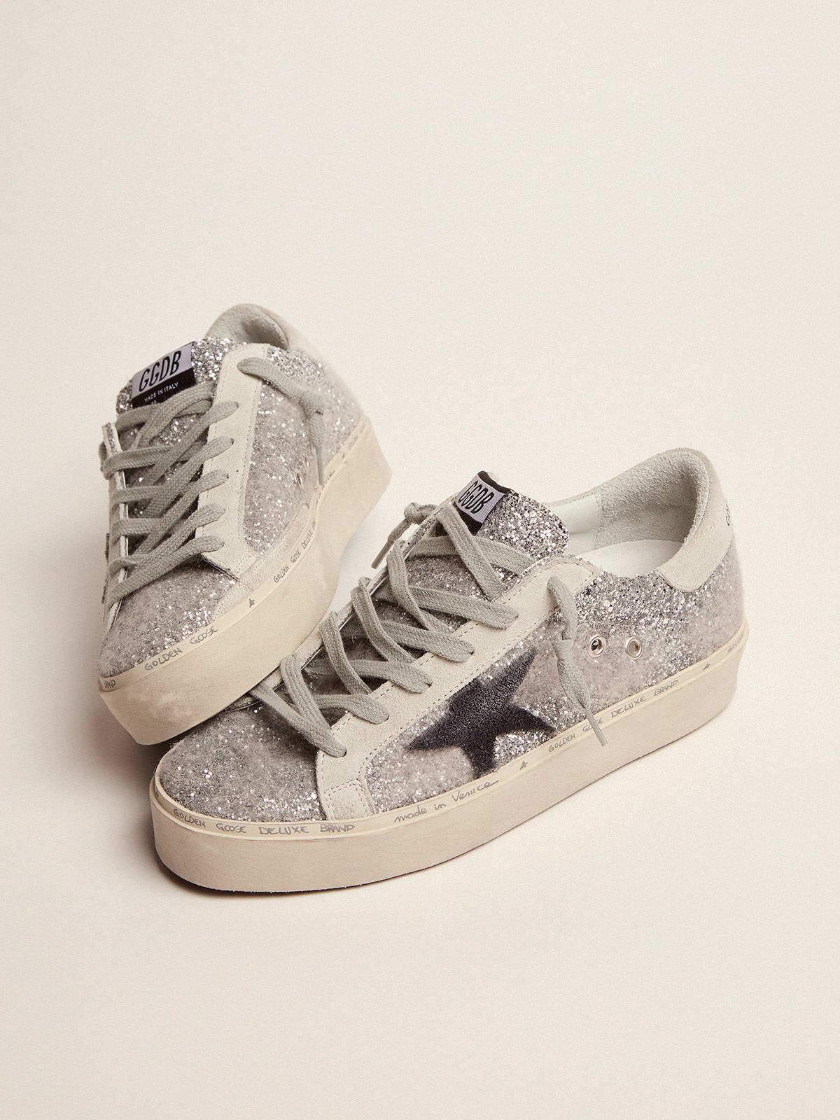 Hi Star sneakers in silver glitter and wool and star with chenille  embroidery | Golden Goose