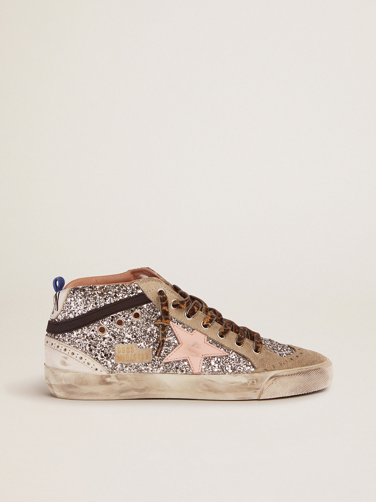 Mid Star sneakers with silver glitter upper and pale pink star | Golden  Goose