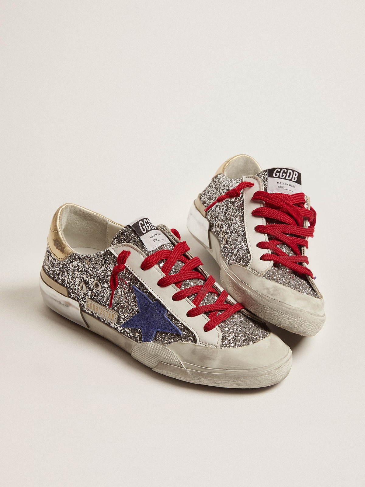 Super-Star sneakers in silver glitter and multi-foxing | Golden Goose