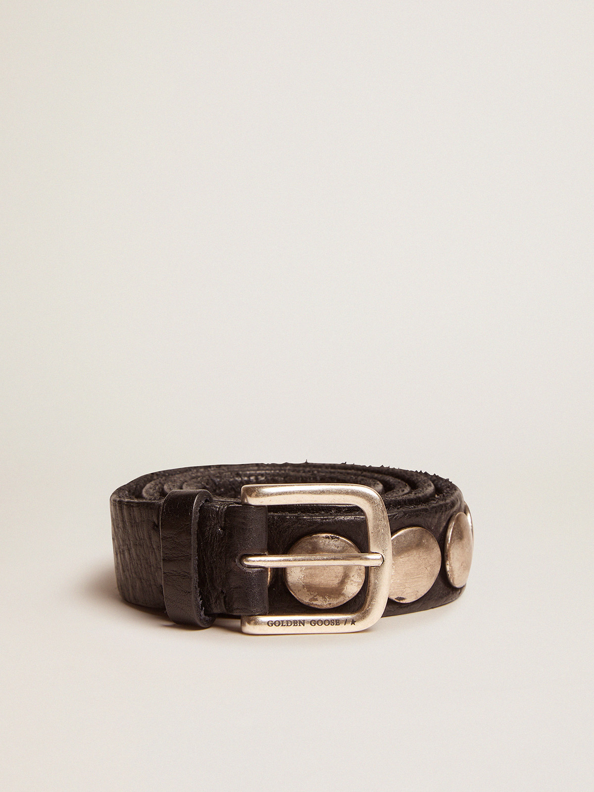 Black Trinidad belt in washed leather with aged silver color studs | Golden  Goose