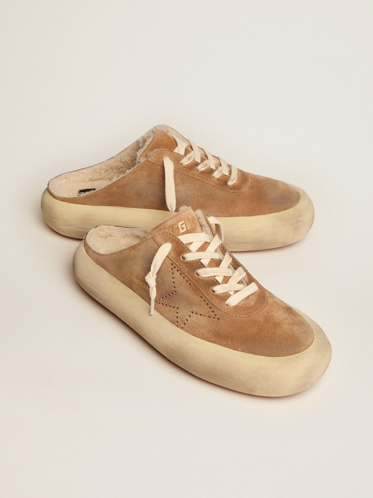 Space-Star Sabot shoes in tobacco-colored suede with shearling