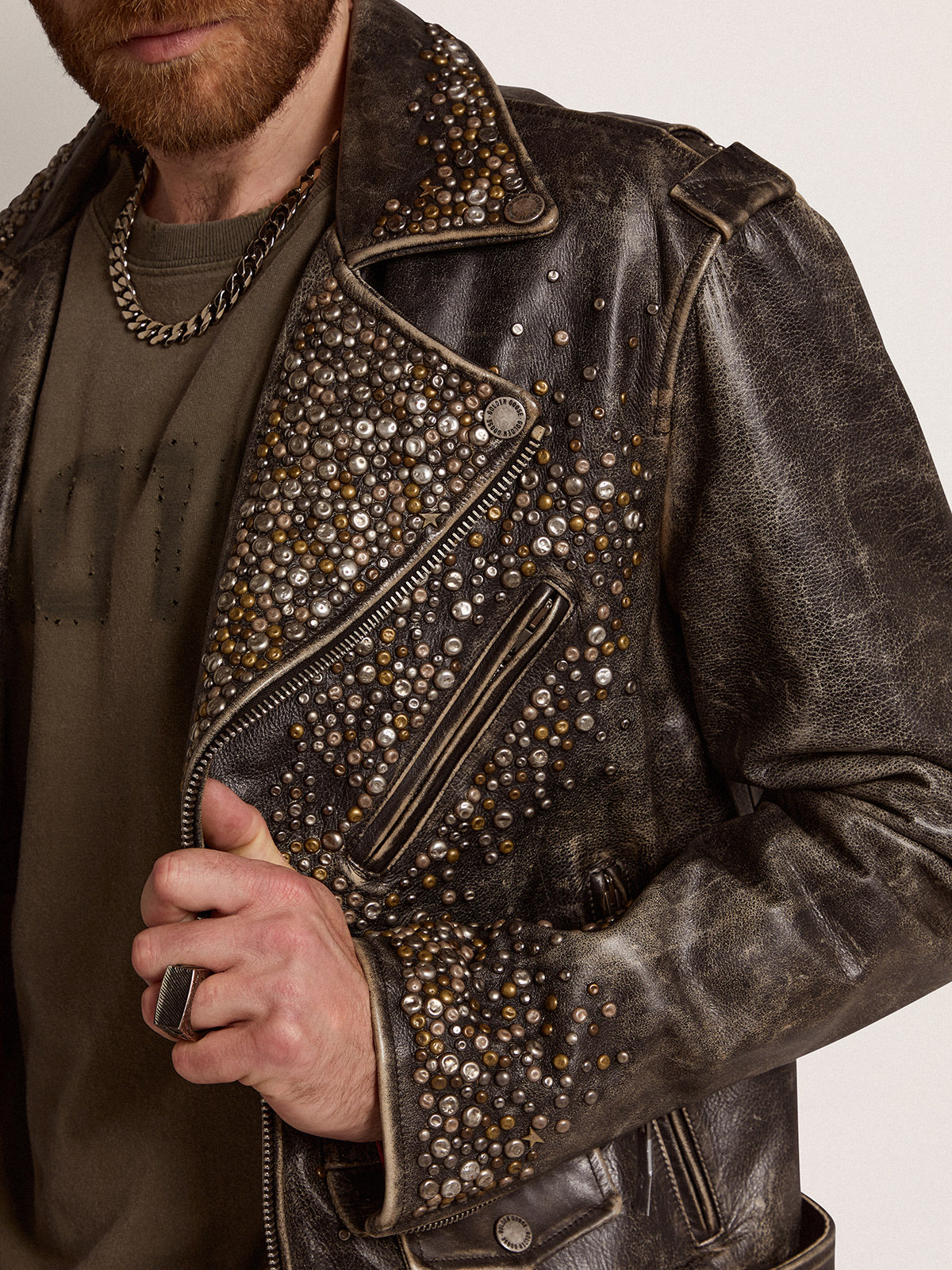 Studded Biker Jacket And Printed Leather For Men