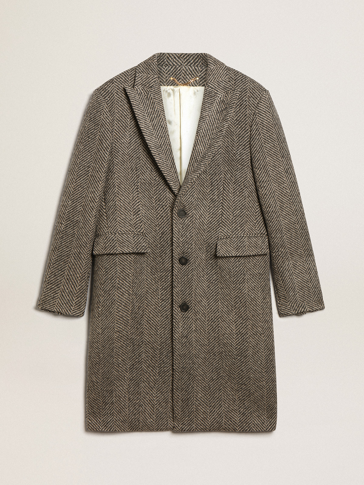 Men's single-breasted wool coat with beige and gray herringbone