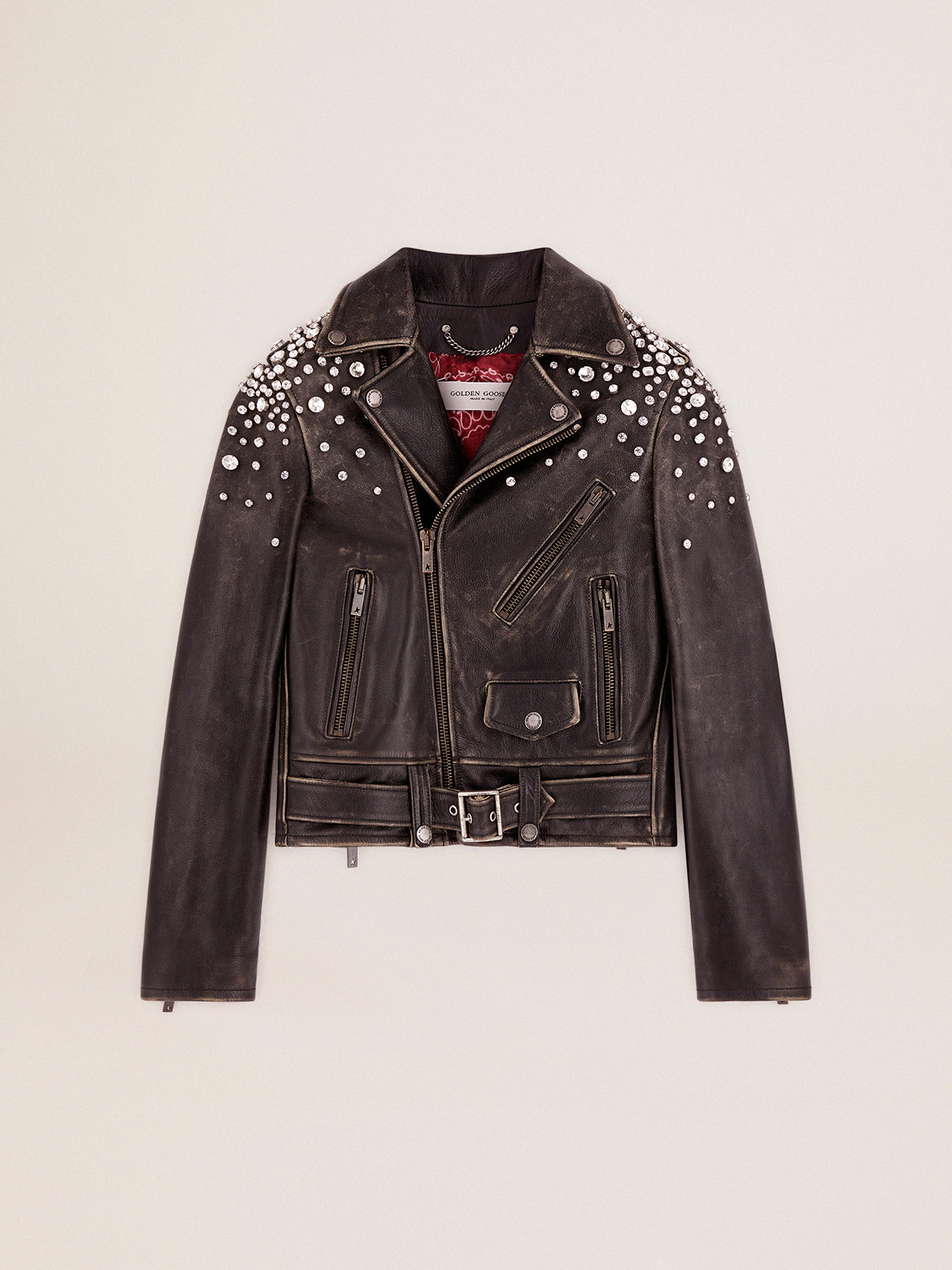 Women s leather biker jacket with crystals Golden Goose