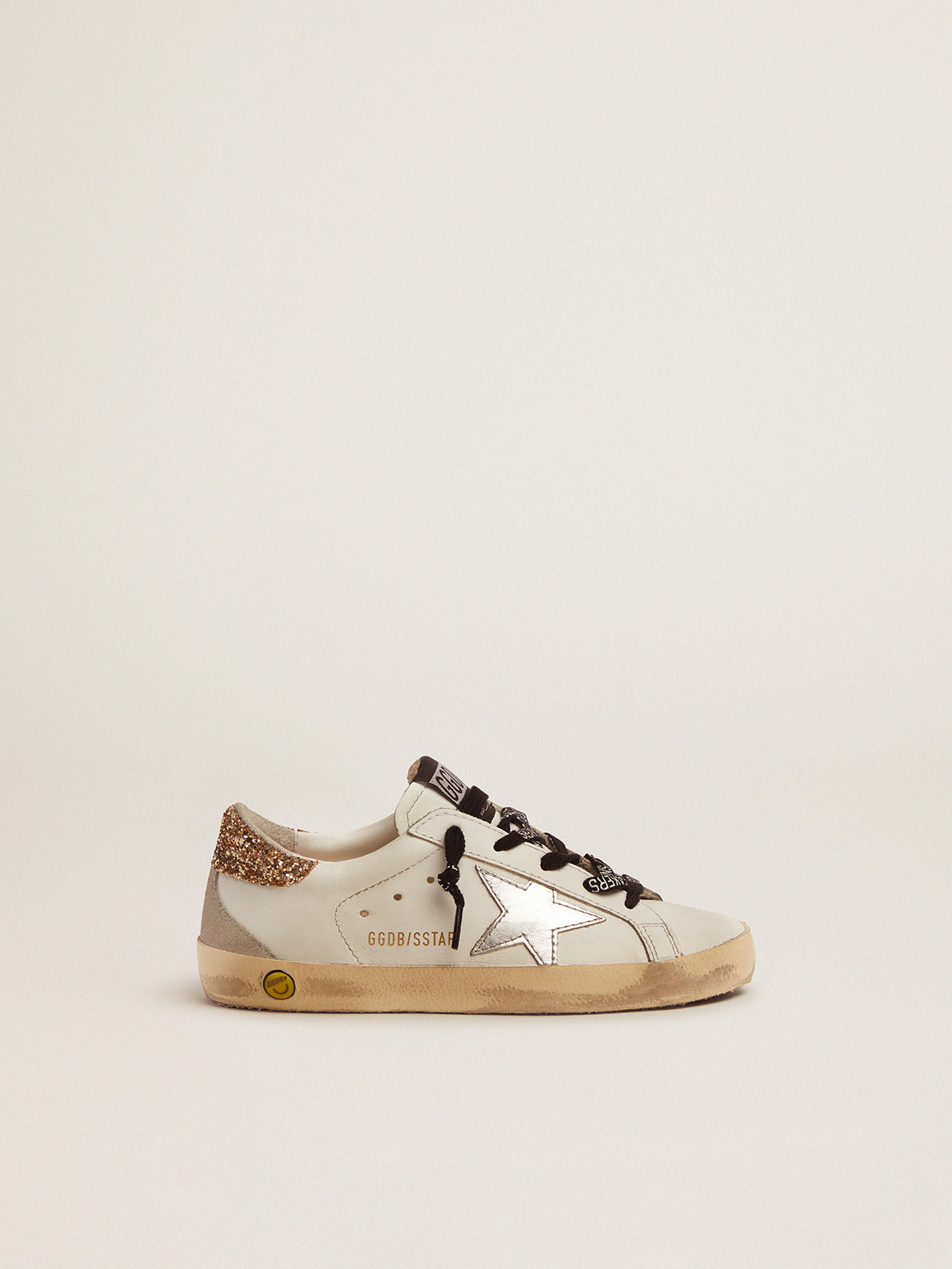 Young white leather Super-Star sneakers with glittery heel tab