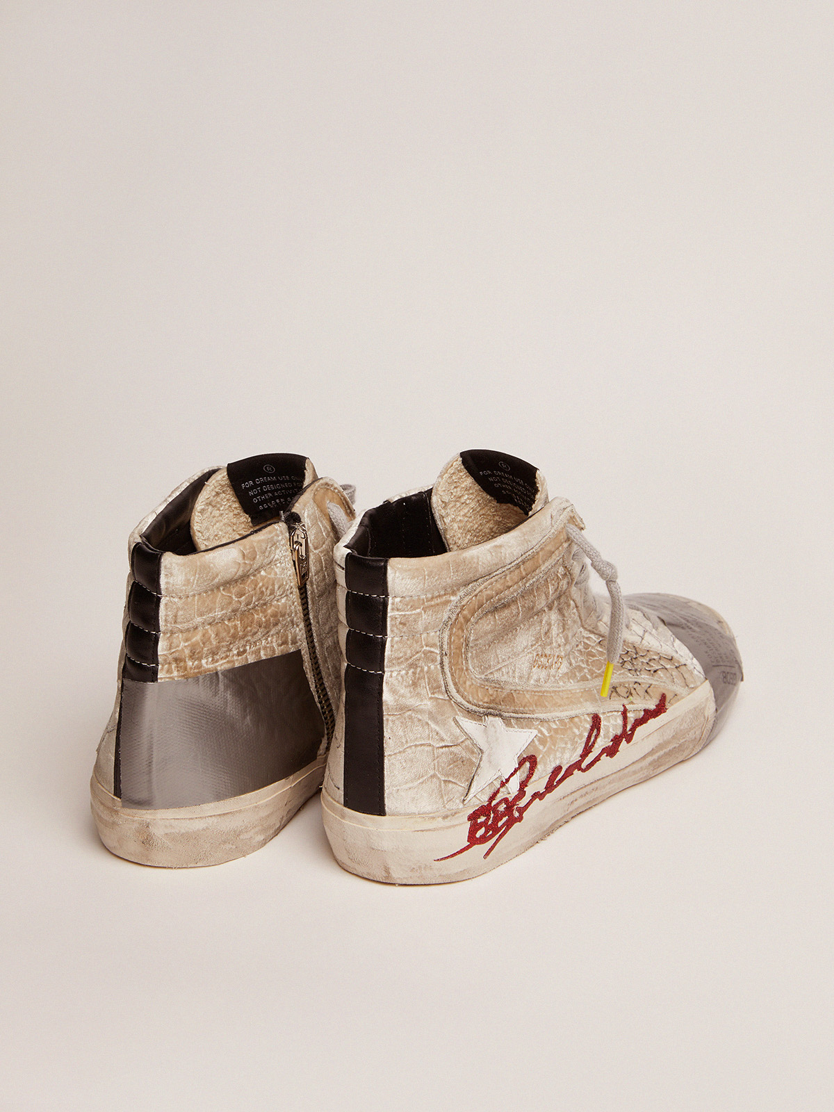 Slide LAB sneakers with silver velvet upper and crocodile print | Golden  Goose