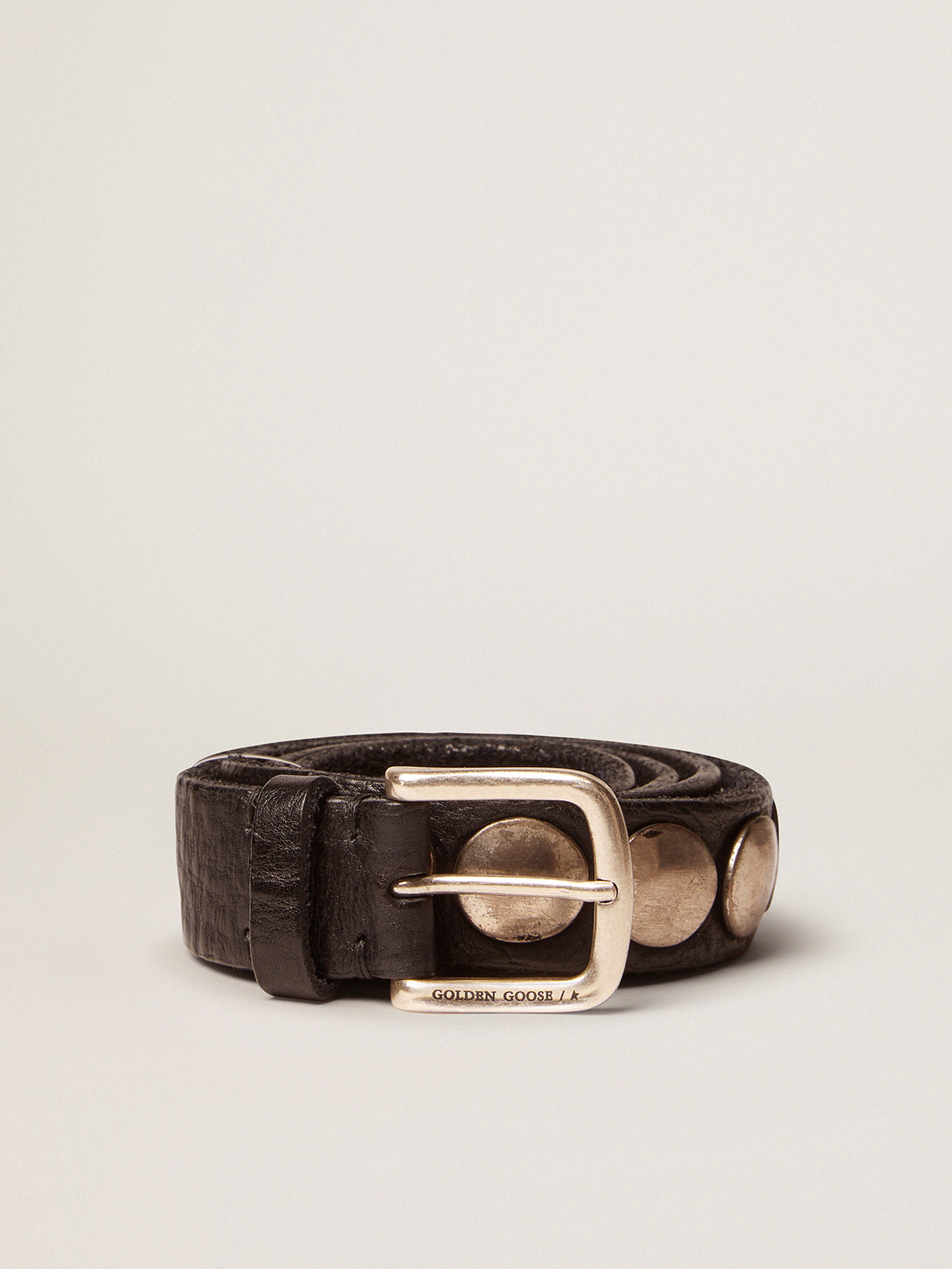 belt with Goose Black washed in studs Golden Trinidad leather |
