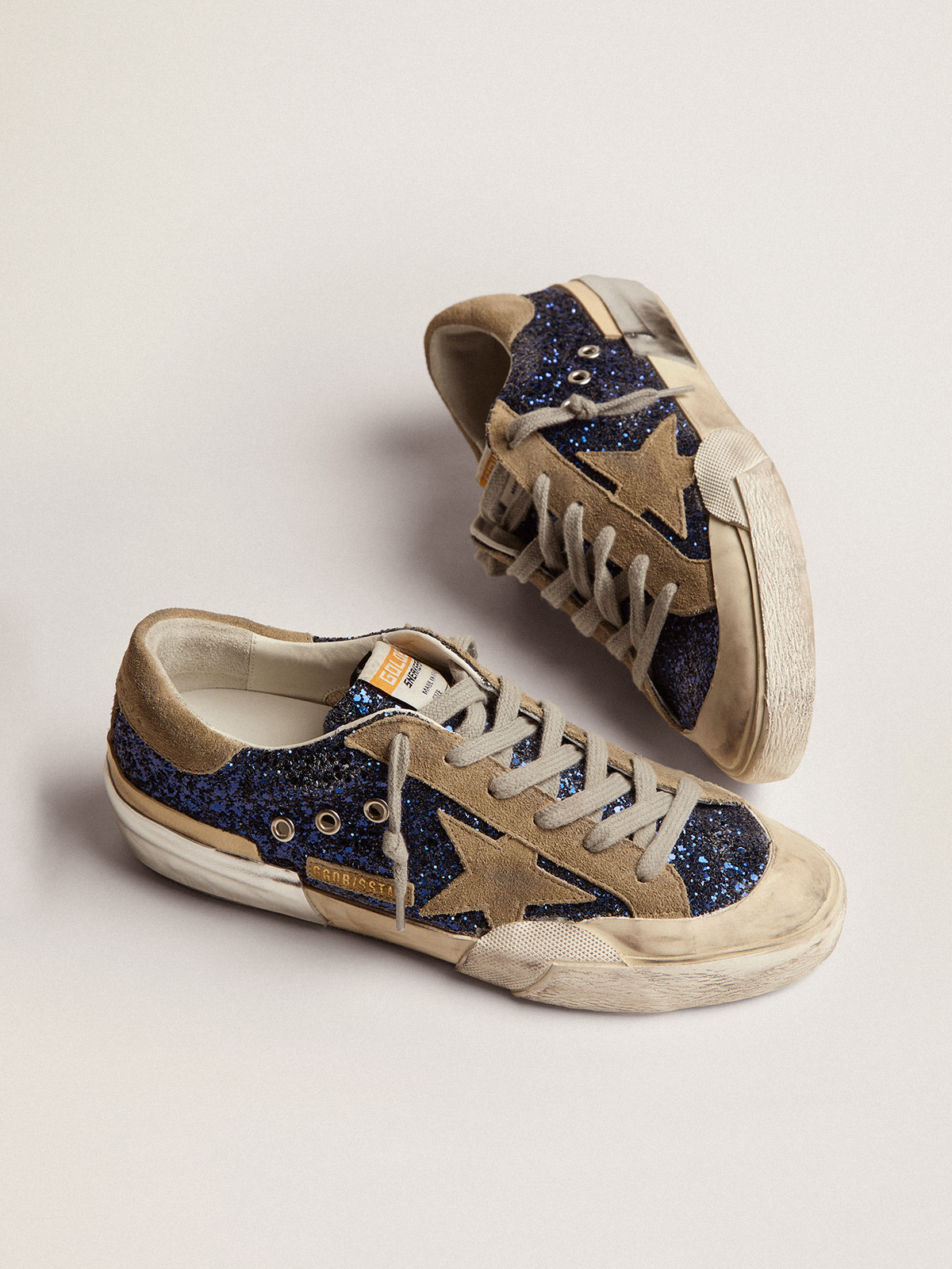 Women\'s Super-Star in blue glitter with dove gray suede star | Golden Goose