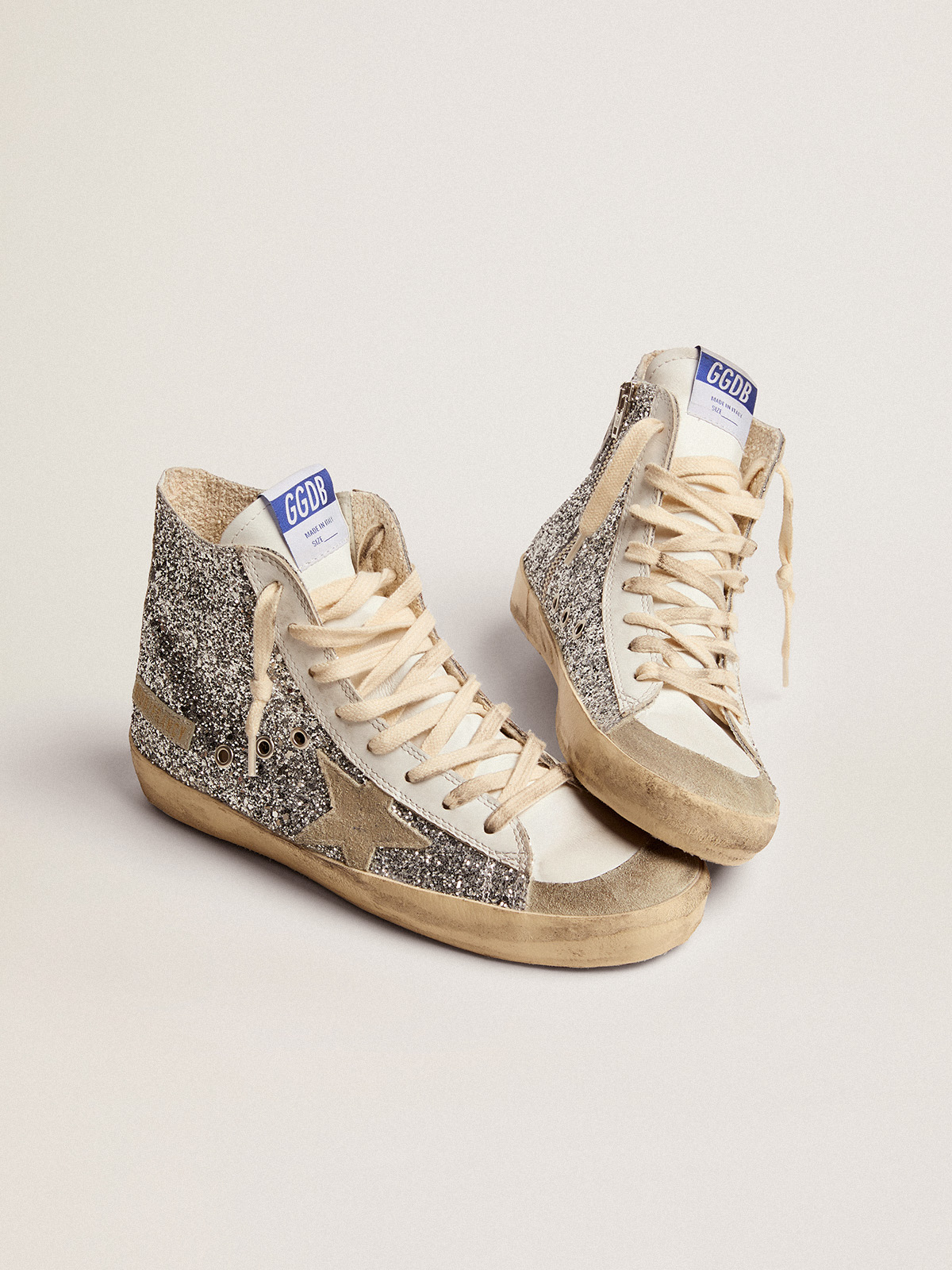 Women\'s Francy with glitter upper and ice-gray suede star | Golden Goose