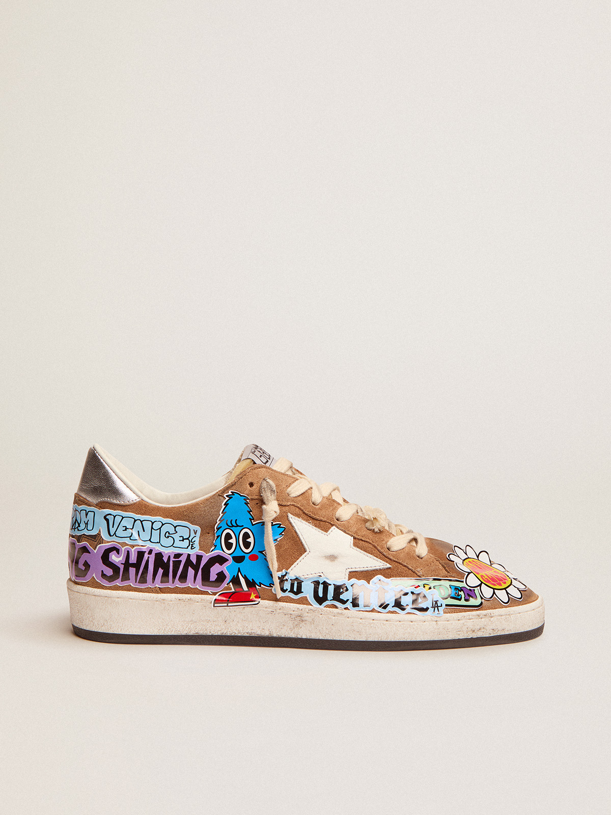 Ball Star sneakers in tobacco-colored suede with a white leather star and  multicolored stickers | Golden Goose