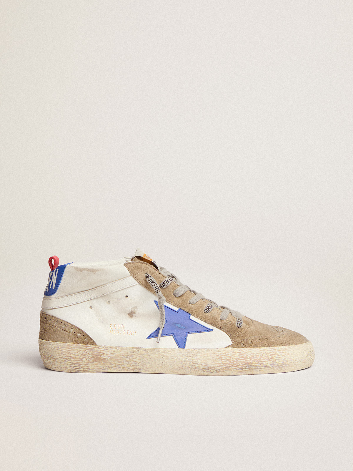 Men\'s Mid Star in white leather with blue star and dove gray inserts |  Golden Goose
