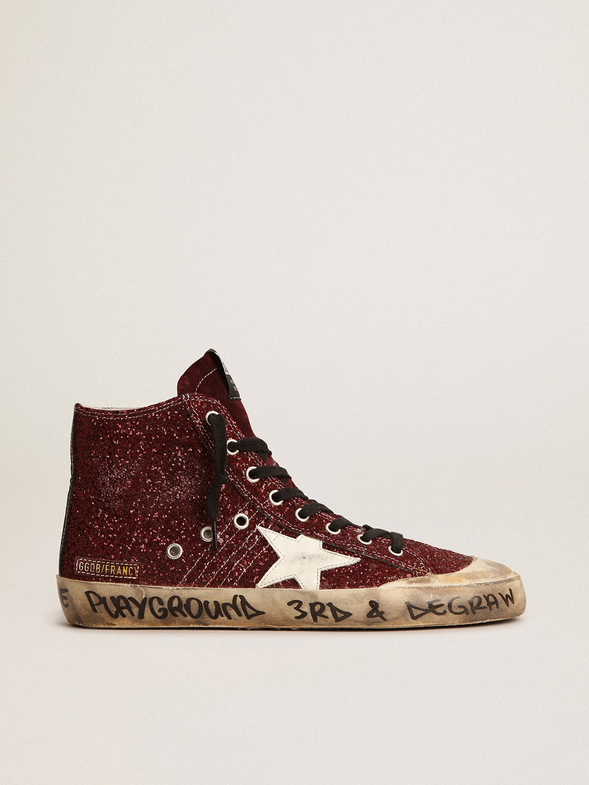 Francy Penstar sneakers in burgundy glitter with white leather star |  Golden Goose