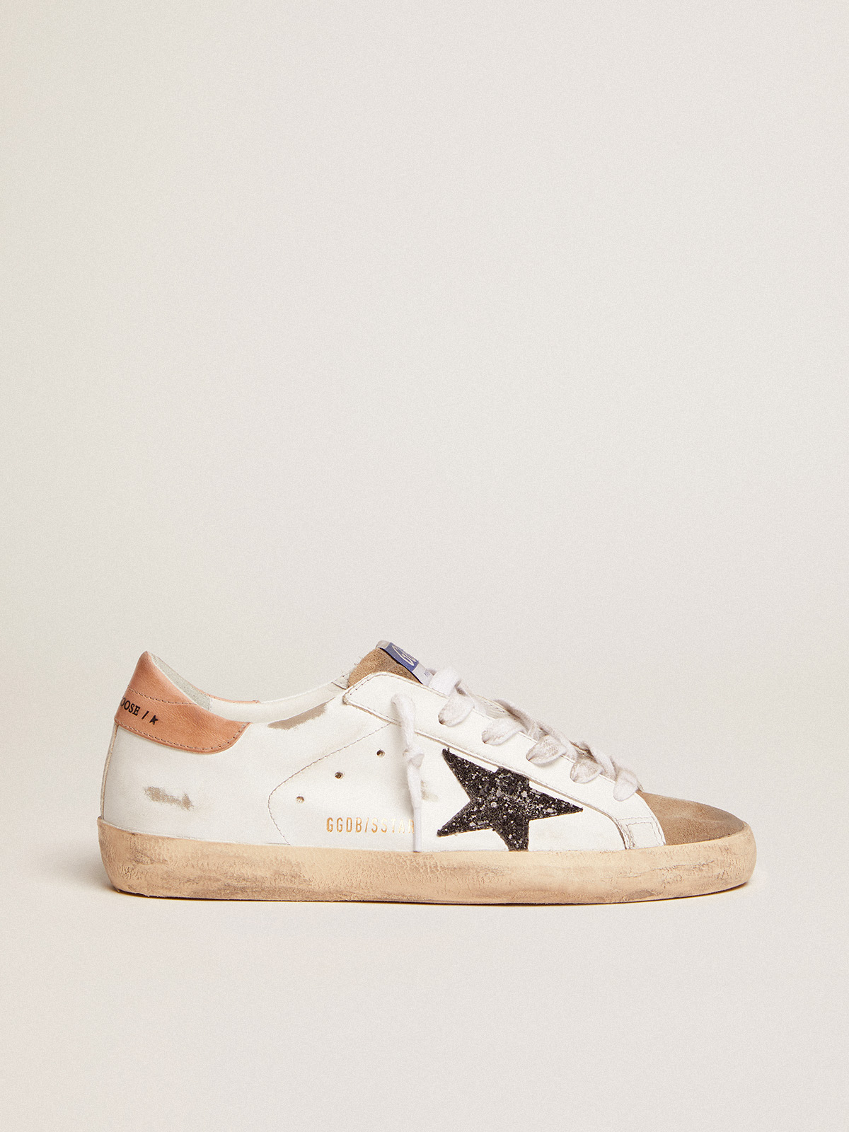 Women\'s Super-Star with black glitter star and pink heel tab | Golden Goose