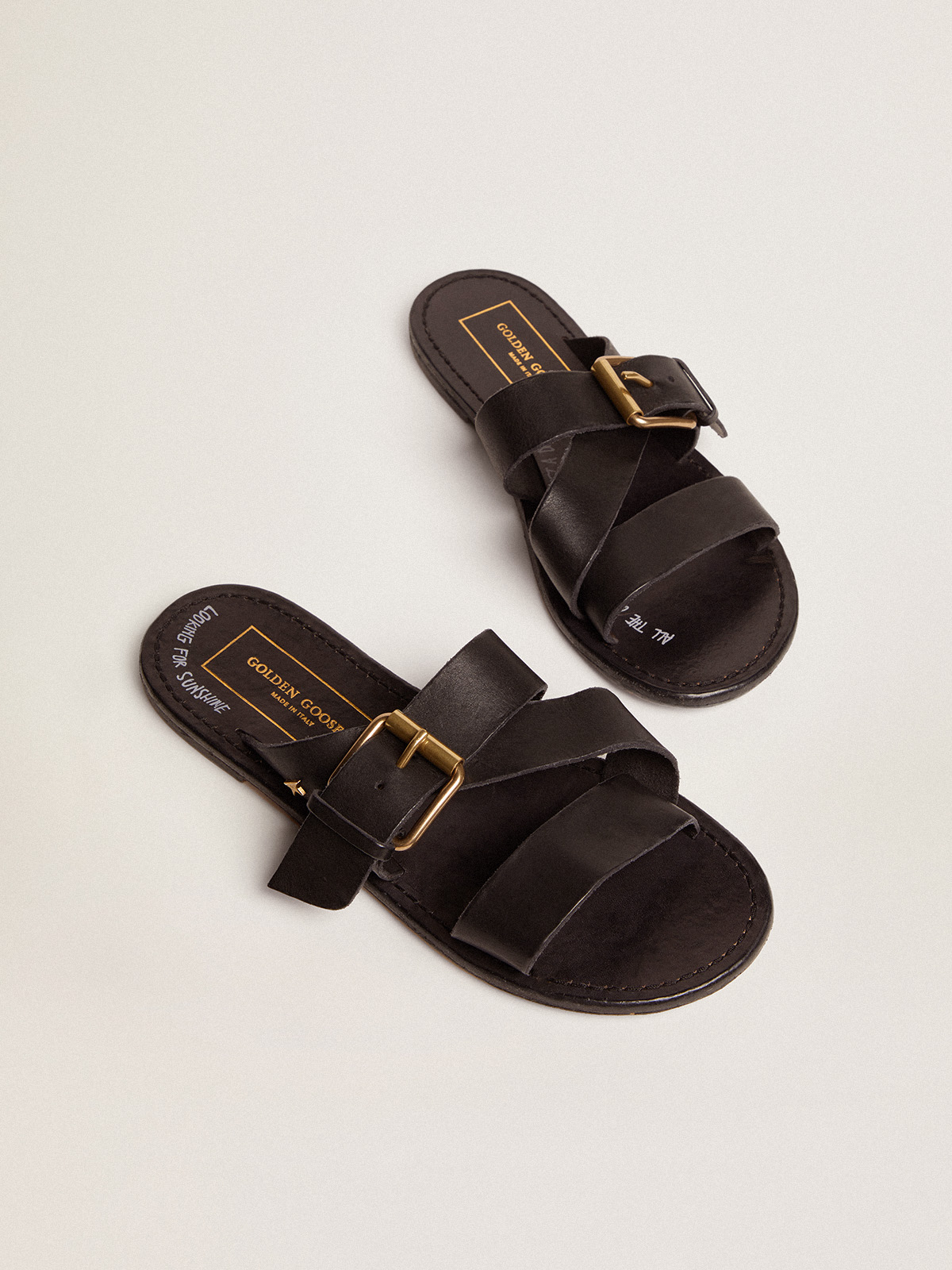 mercy Execute place Black leather flat sandals with buckle Margaret | Golden Goose