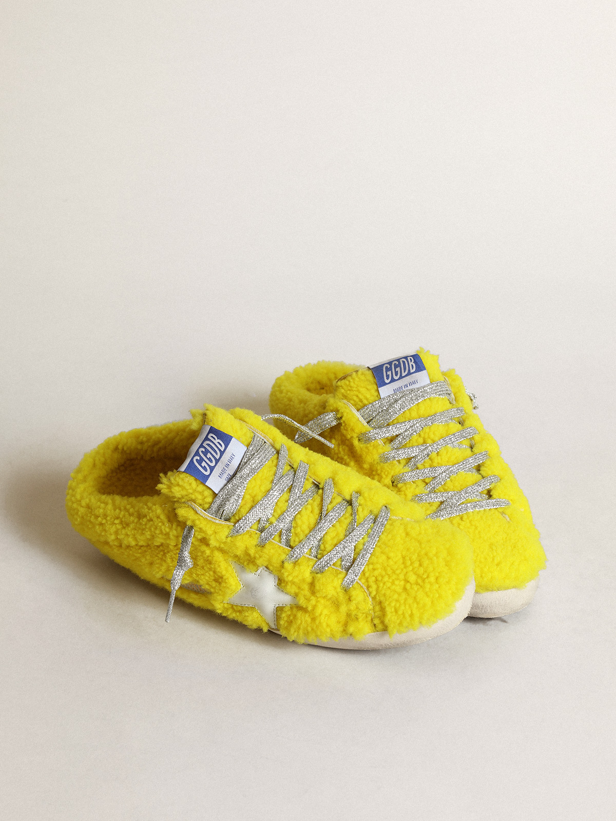 Super-Star Sabots in fluorescent yellow shearling with white leather star |  Golden Goose