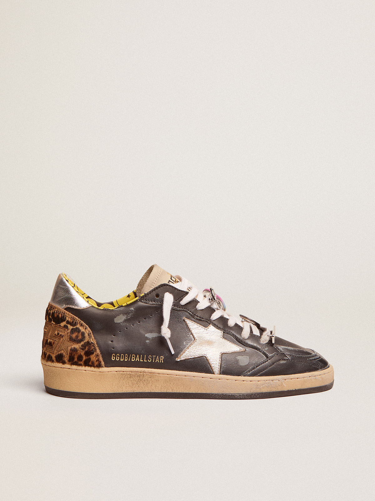Ball Star sneakers in black leather with silver laminated leather star |  Golden Goose