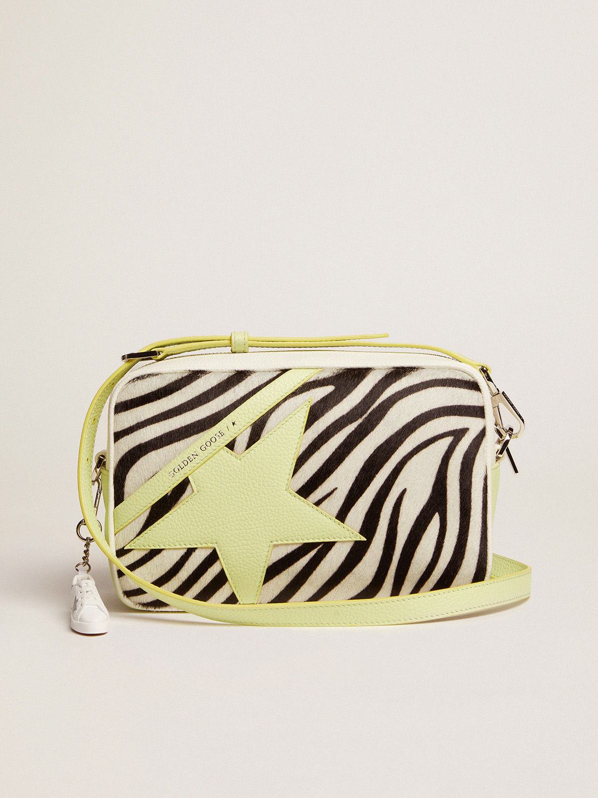 Star Bag in white and lime hammered leather with zebra-print pony