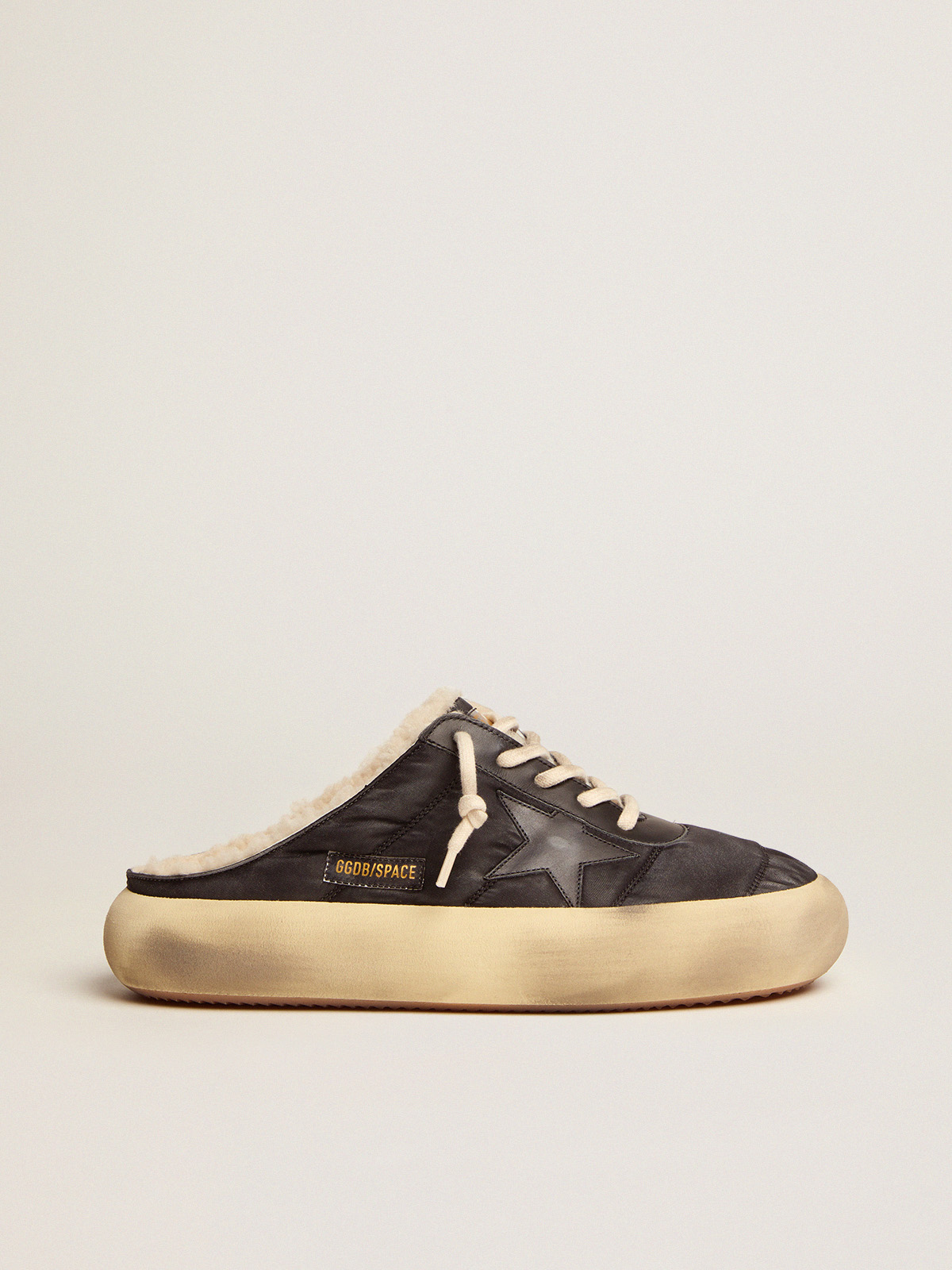 Space-Star Sabot shoes in quilted black nylon with shearling lining |  Golden Goose