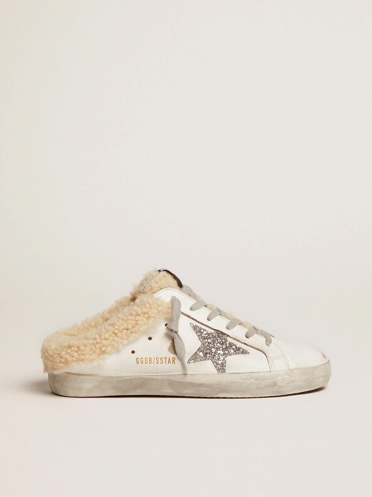 Women\'s Super-Star Sabot in white leather and shearling lining | Golden  Goose