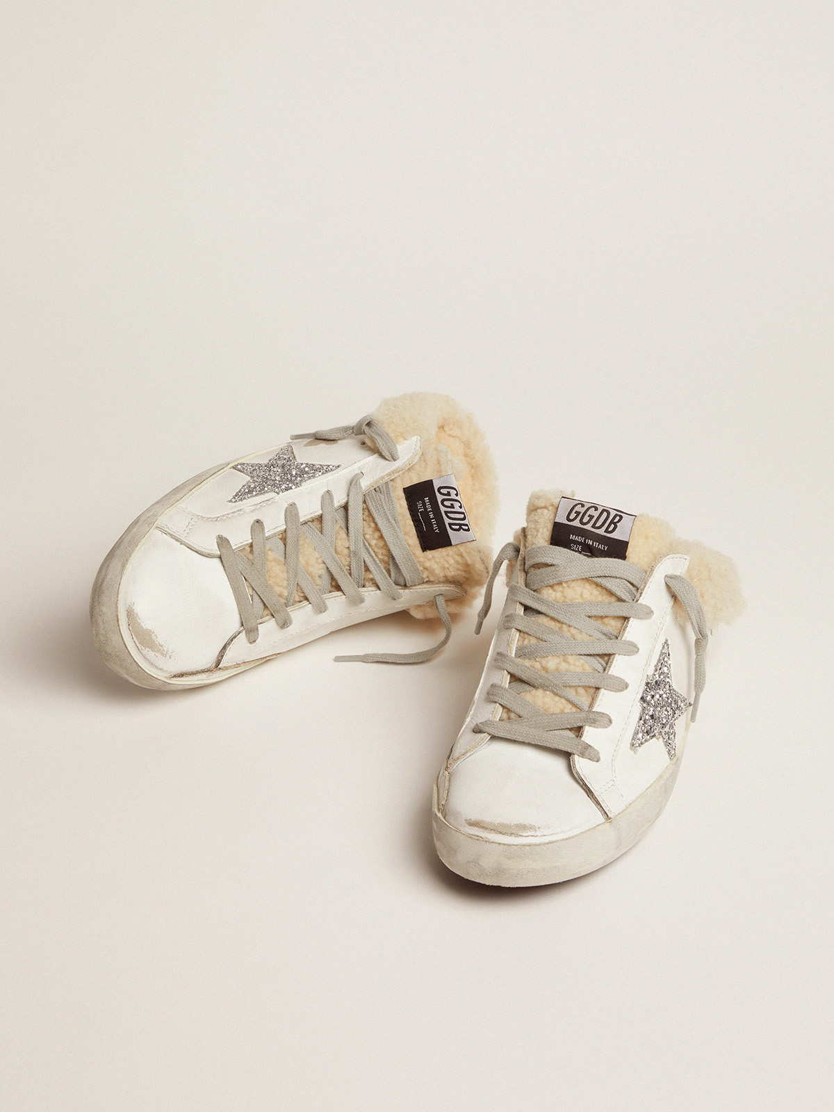 Women\'s Super-Star Sabot in white leather and shearling lining | Golden  Goose