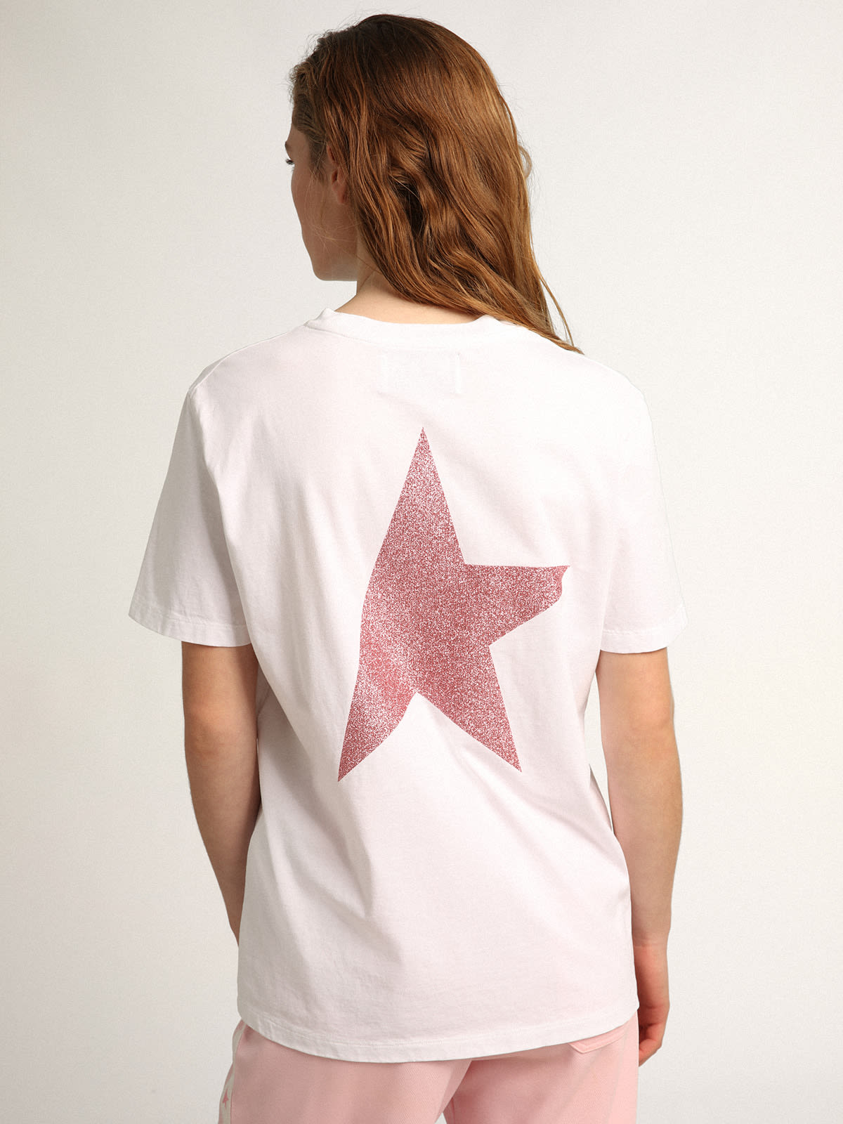 Women's white T-shirt with pink glitter logo and star | Golden Goose