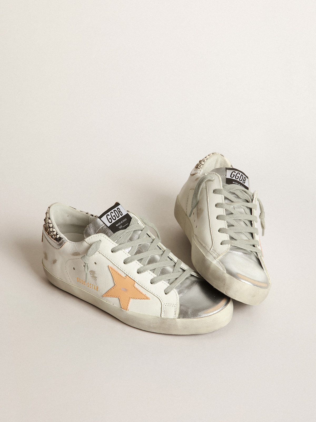 White Super-Star sneakers with python-print and rhinestone heel