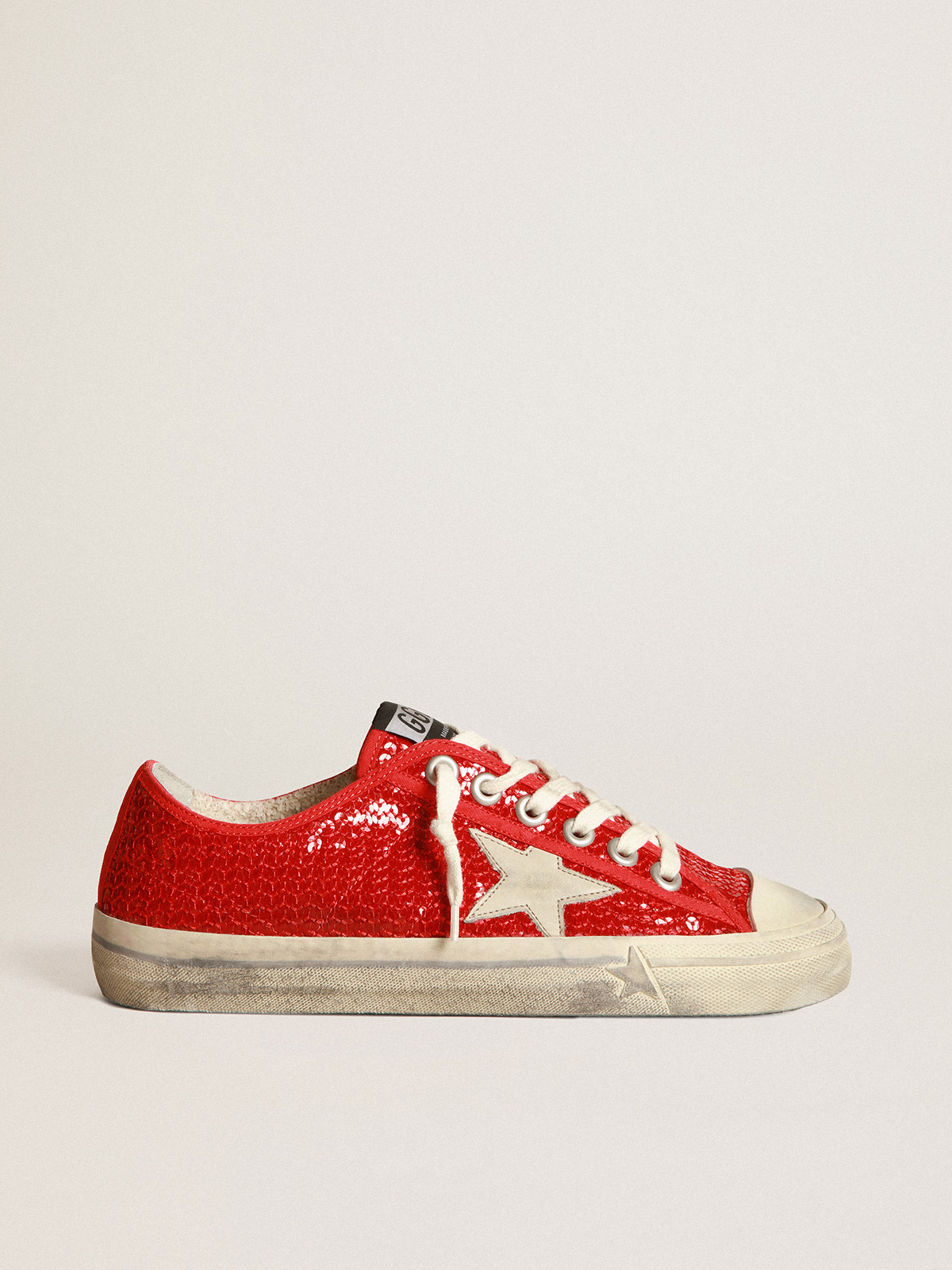 V-Star sneakers in red sequins with cream-colored leather star and red  grosgrain heel tab | Golden Goose