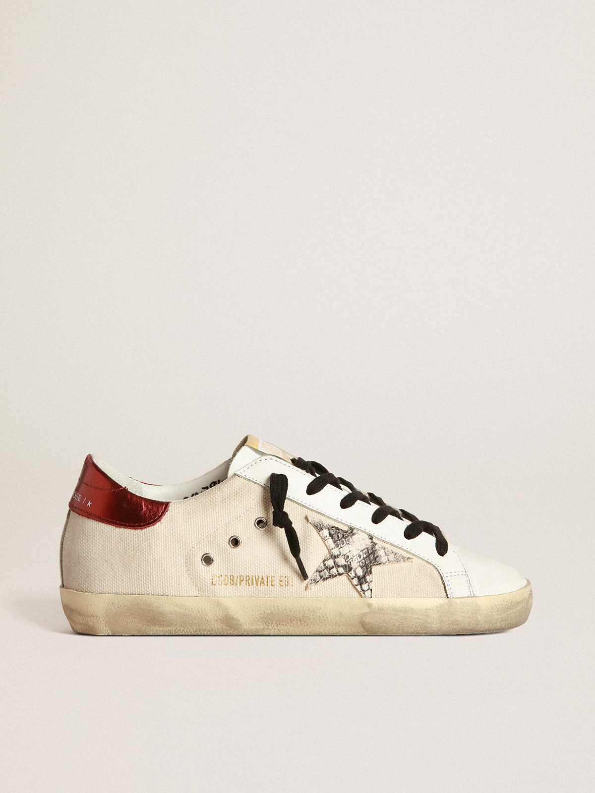 Super-Star LTD sneakers in natural-white canvas with gray snake-print leather  star and burgundy laminated leather heel tab | Golden Goose