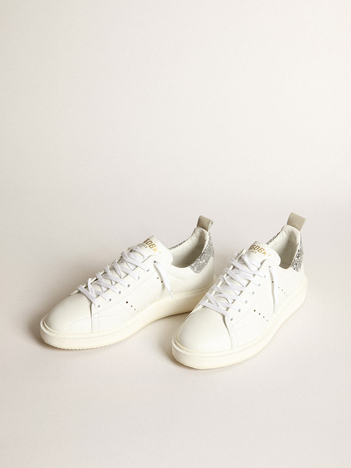 Starter sneakers in white leather with silver glitter heel tab | Golden  Goose