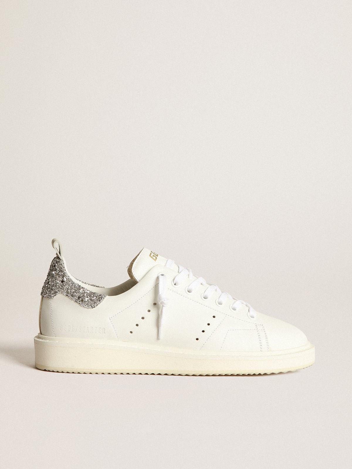 Starter sneakers in white leather with silver glitter heel tab | Golden  Goose