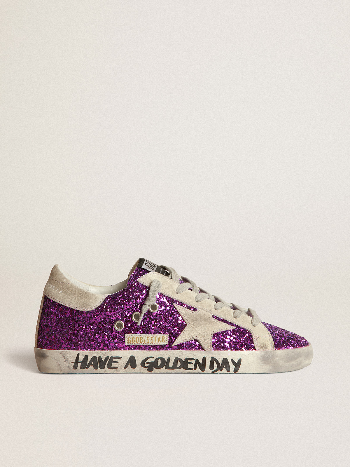 Super-Star sneakers with purple glitter and lettering on the foxing | Golden  Goose