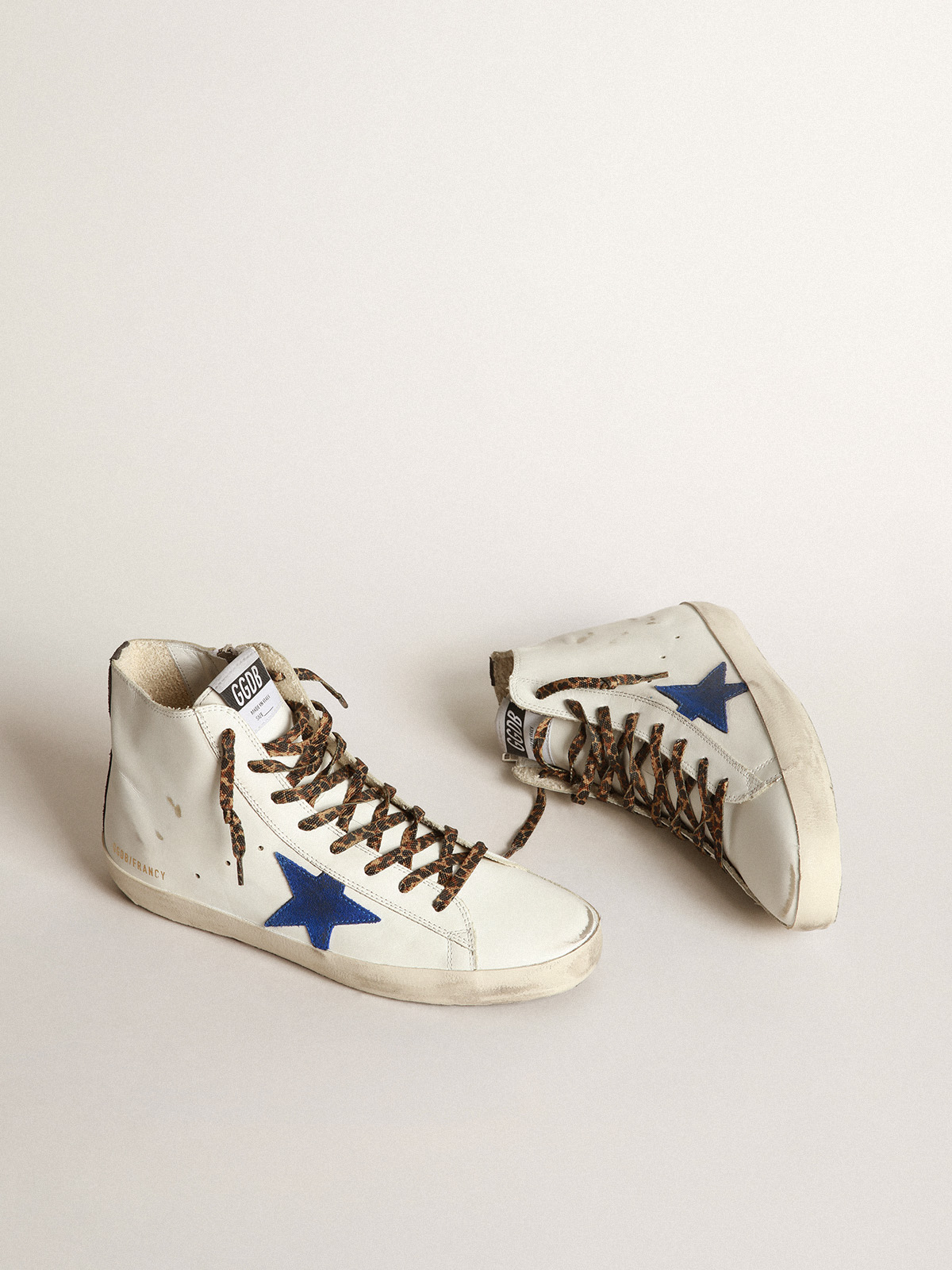 White Francy sneakers with blue star and leopard-print laces | Golden Goose