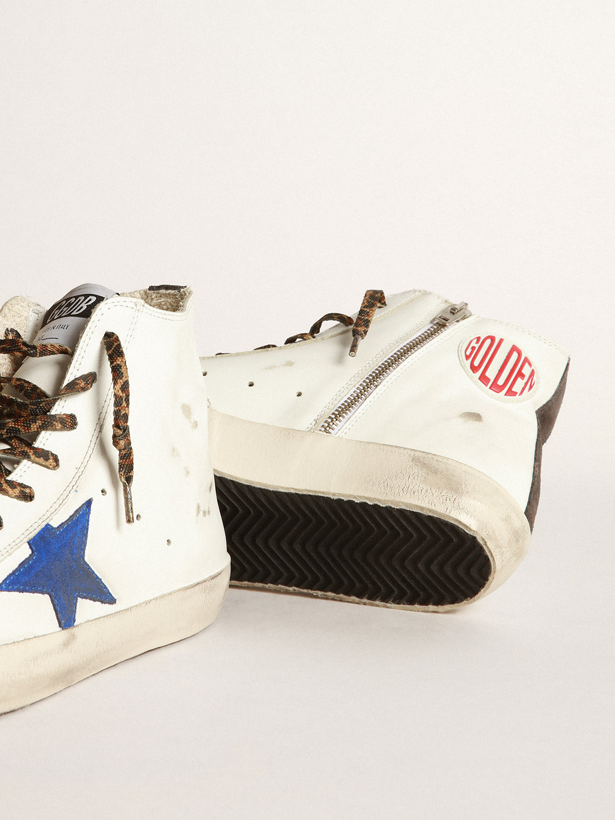 White Francy sneakers with blue star and leopard-print laces | Golden Goose