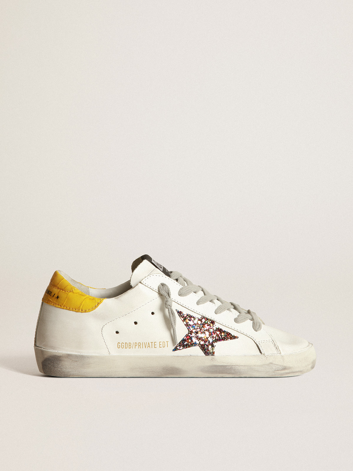 Super-Star LTD sneakers with multicolored glitter star and yellow crocodile-print  leather heel tab | Golden Goose