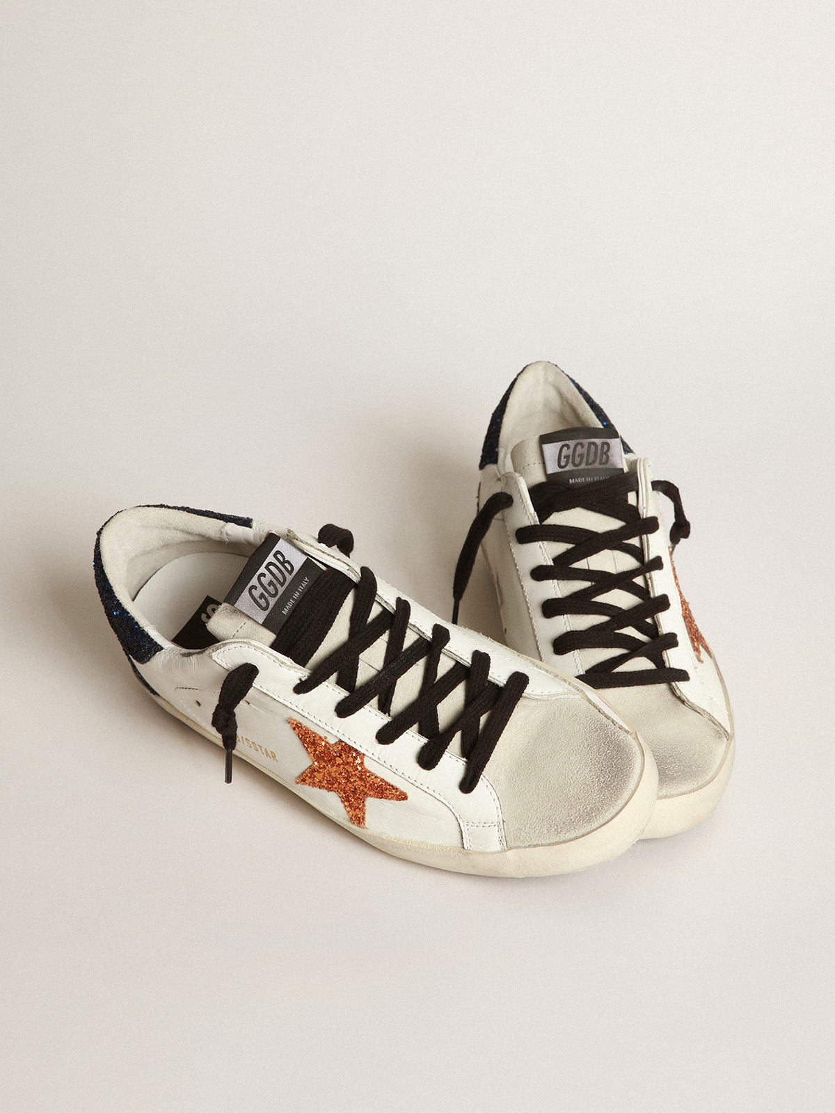 Super-Star sneakers with peach-pink glitter star and blue glitter heel tab  | Golden Goose