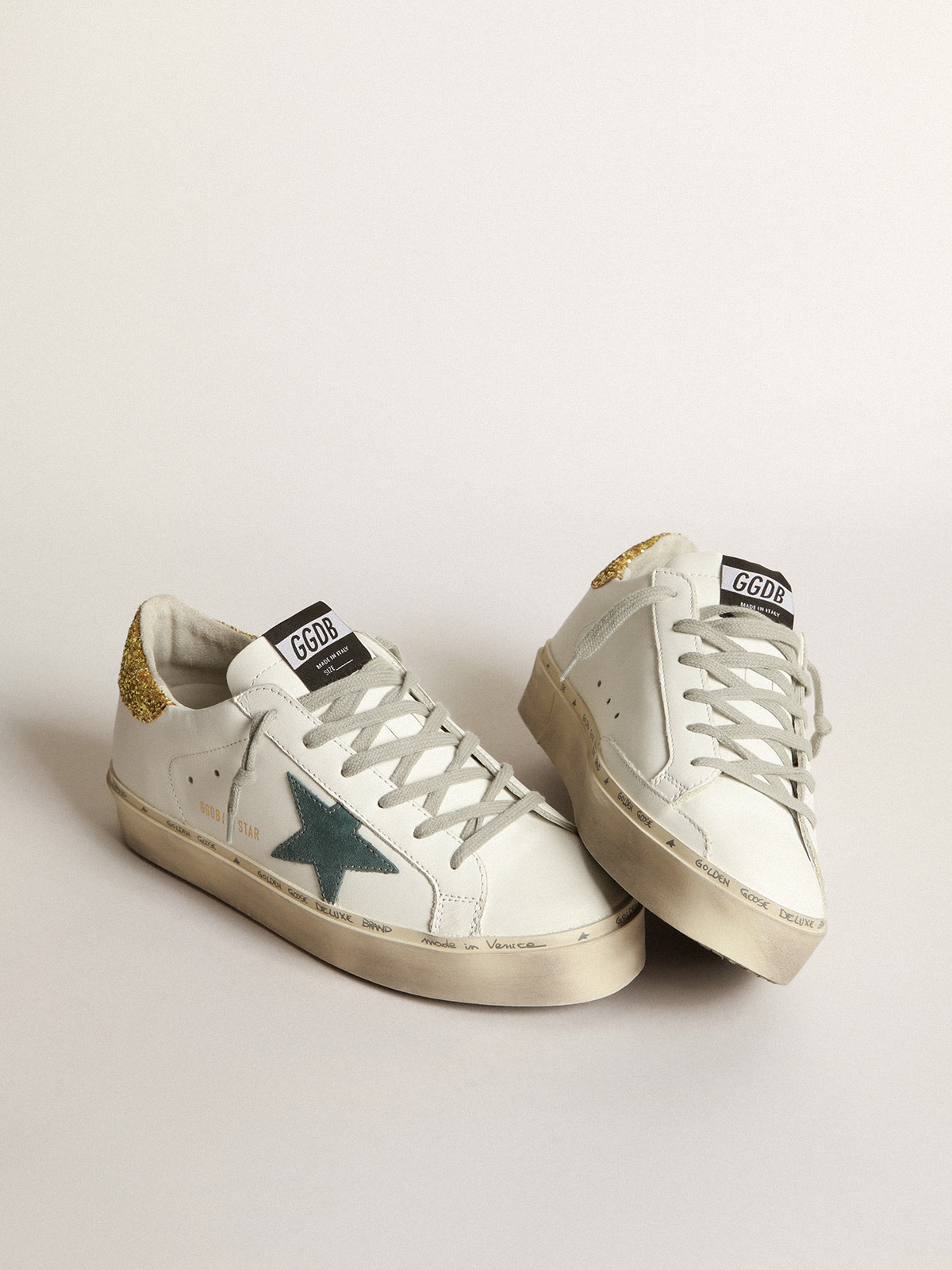 Hi Star sneakers with petrol-blue suede star and gold glitter heel tab |  Golden Goose