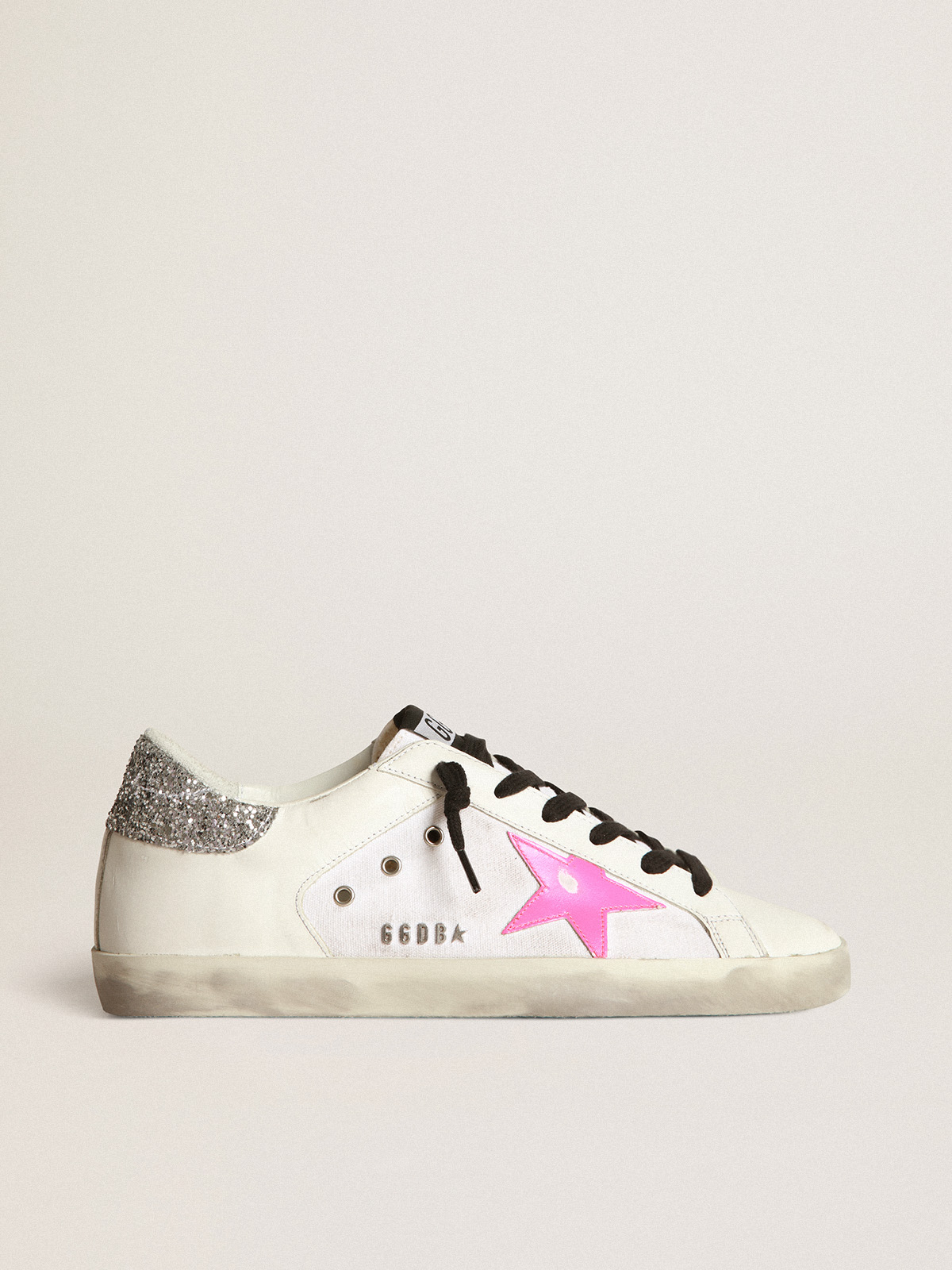 Super-Star sneakers in white leather and canvas with shocking-pink leather  star and silver glitter heel tab | Golden Goose